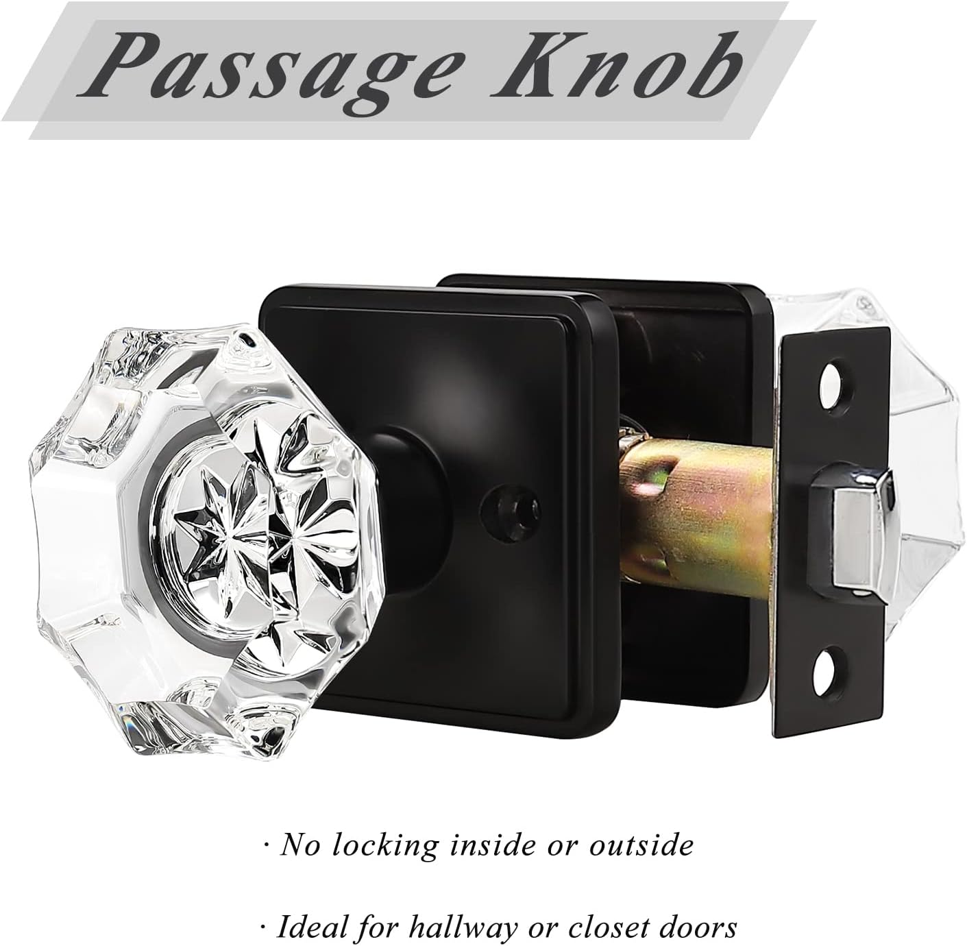 Octagon Crystal Door Knobs with Black Square Rosette, Passage Door Lock