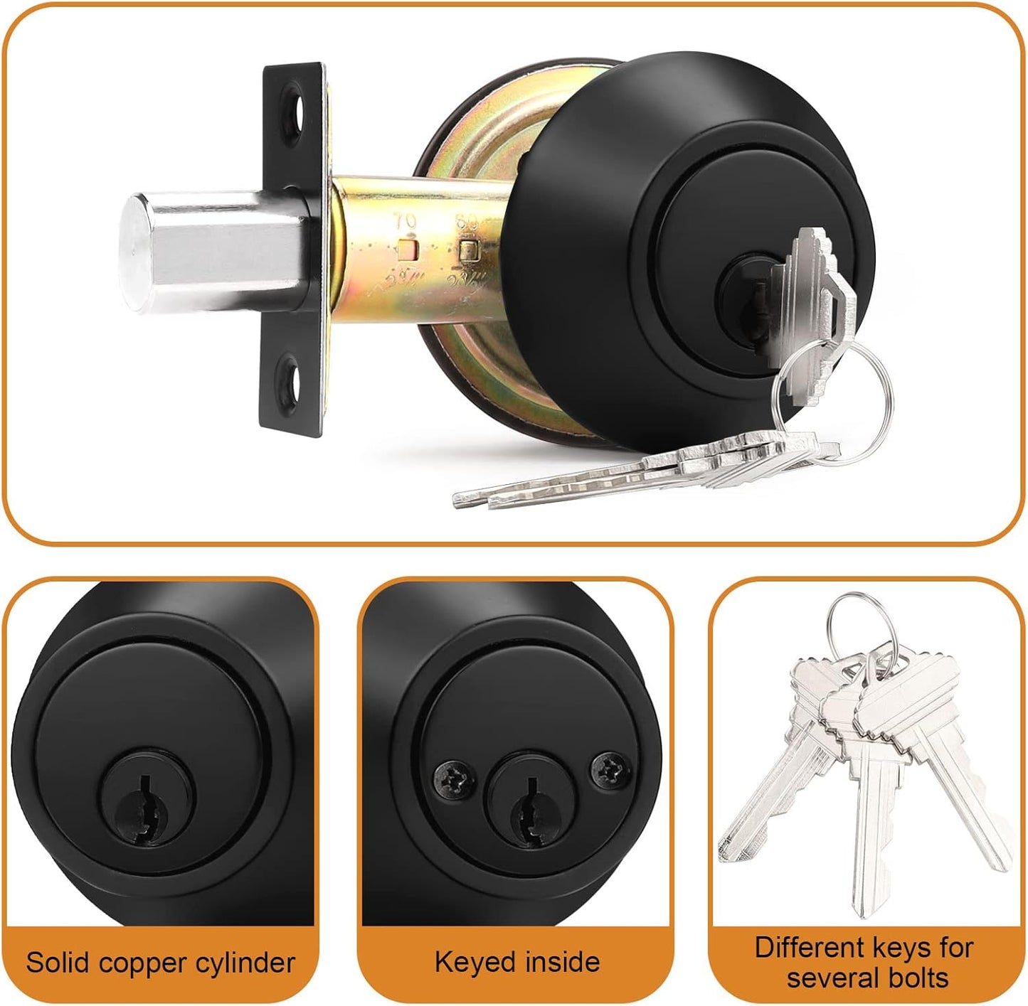 Double Cylinder Deadbolts with Key on Both Side, Keyed Entry Door Lock Black Finish DLD102BK-Combo