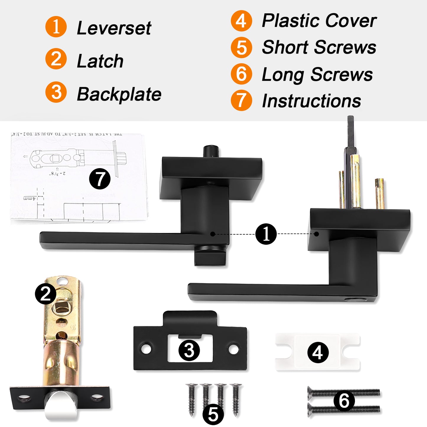 Probrico Heavy Duty Flat Black Square Privacy Interior Door Levers Bedroom and Bathroom Door Handles Keyless Bed/Bath Lockset (6 Pack) - Probrico