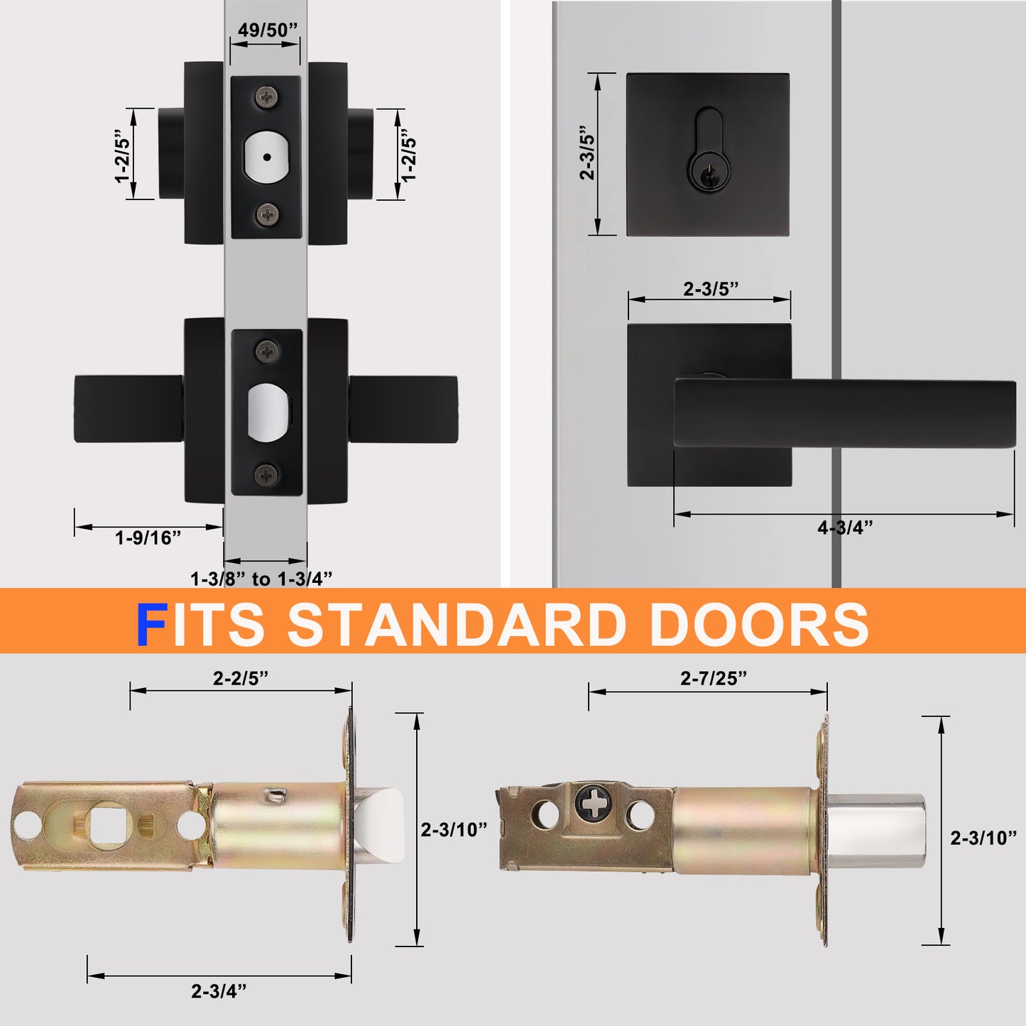 Probrico Flat Black Passage Door Lever with Double Cylinder Deadbolts Combo Pack, Modern Square Lock Set Handleset DL01PS124BK