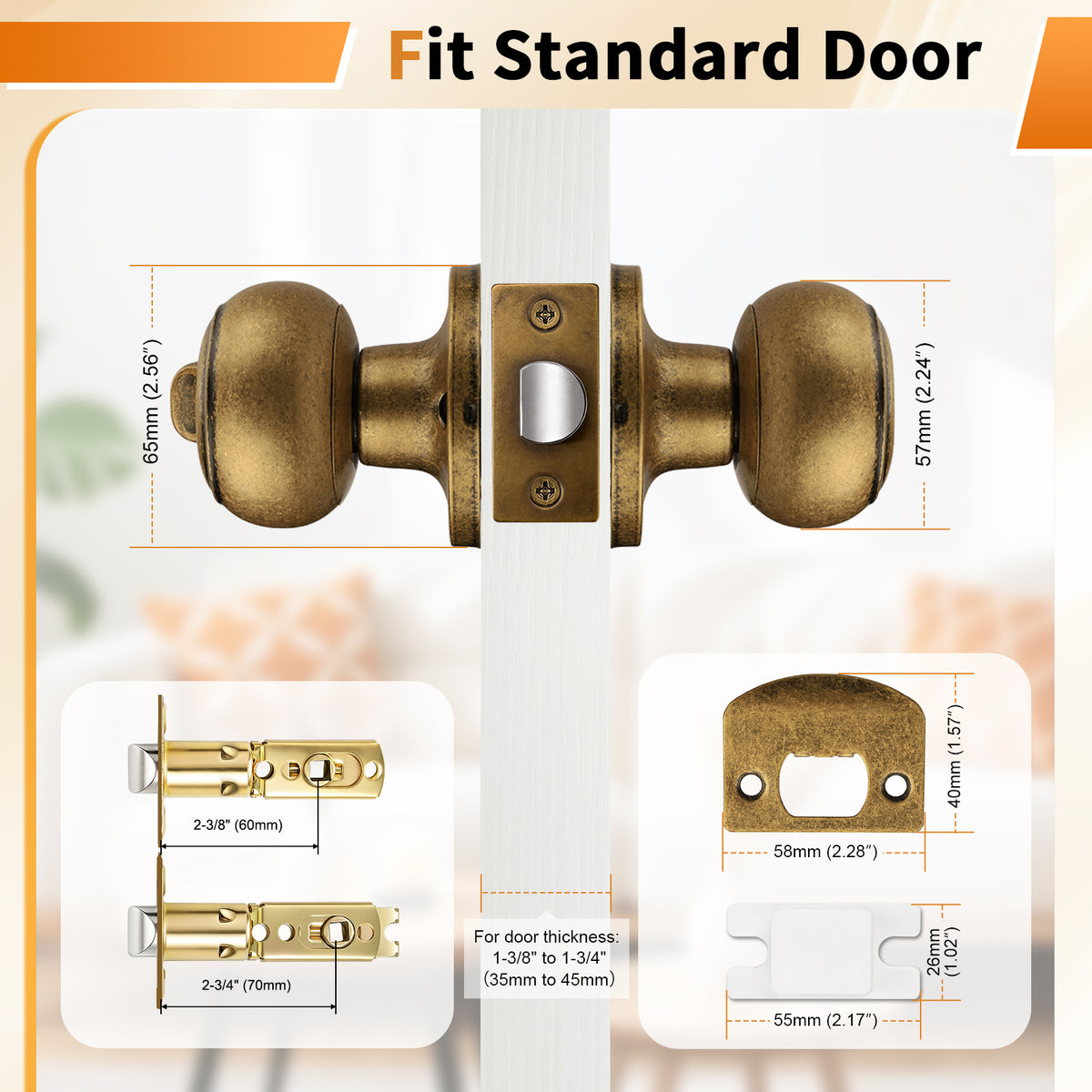 Probrico Aged Brass Door Knobs for Bedroom Bathroom, Interior Door Knob with Round Ball, Antique Brass Privacy Door Knob, 6 Pack