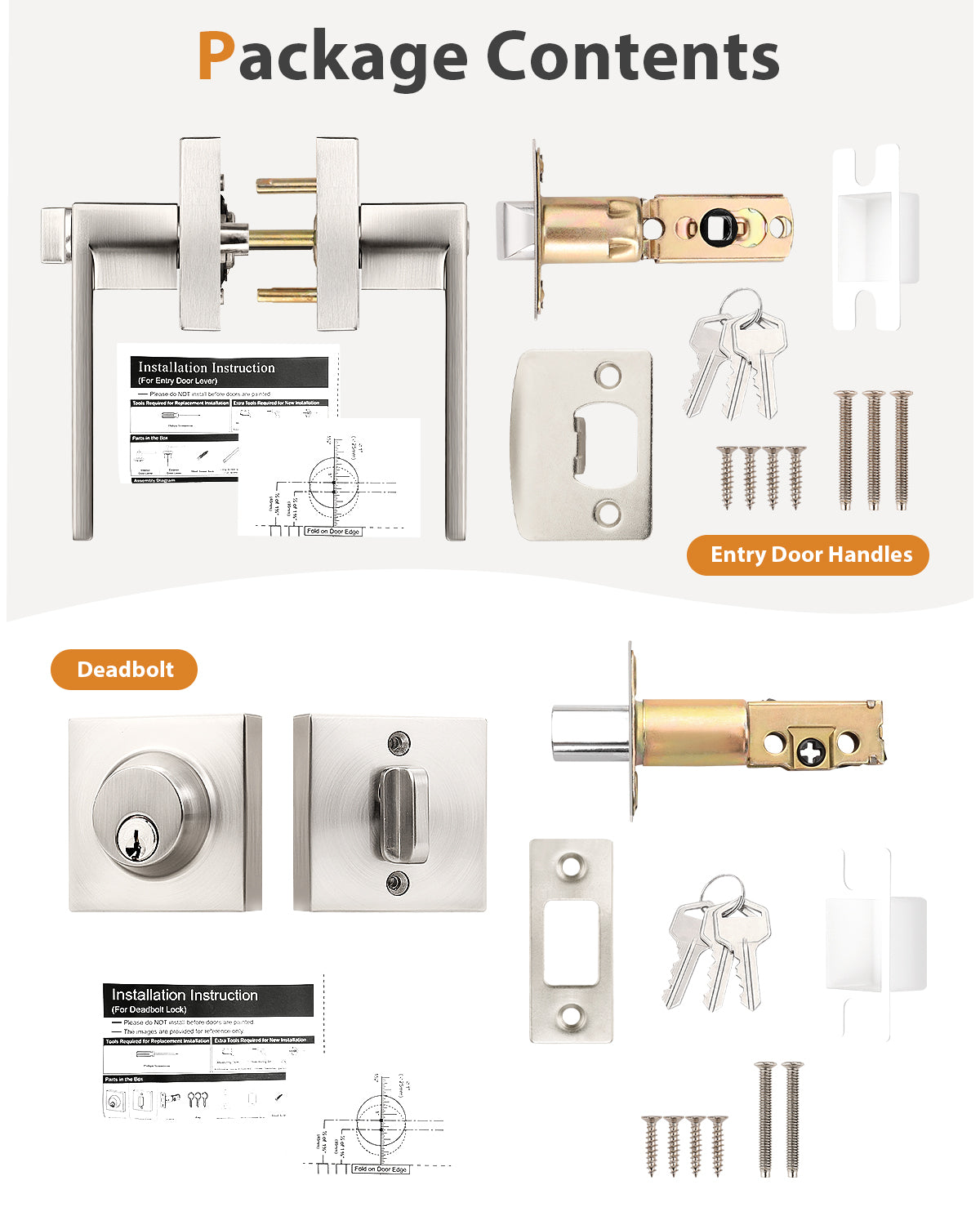 Probrico Square Interior/Exterior Door Lock Set, Entry Door Handles and Single Cylinder Deadbolts Same Keys, Door Locksets Reversible for Right and Left