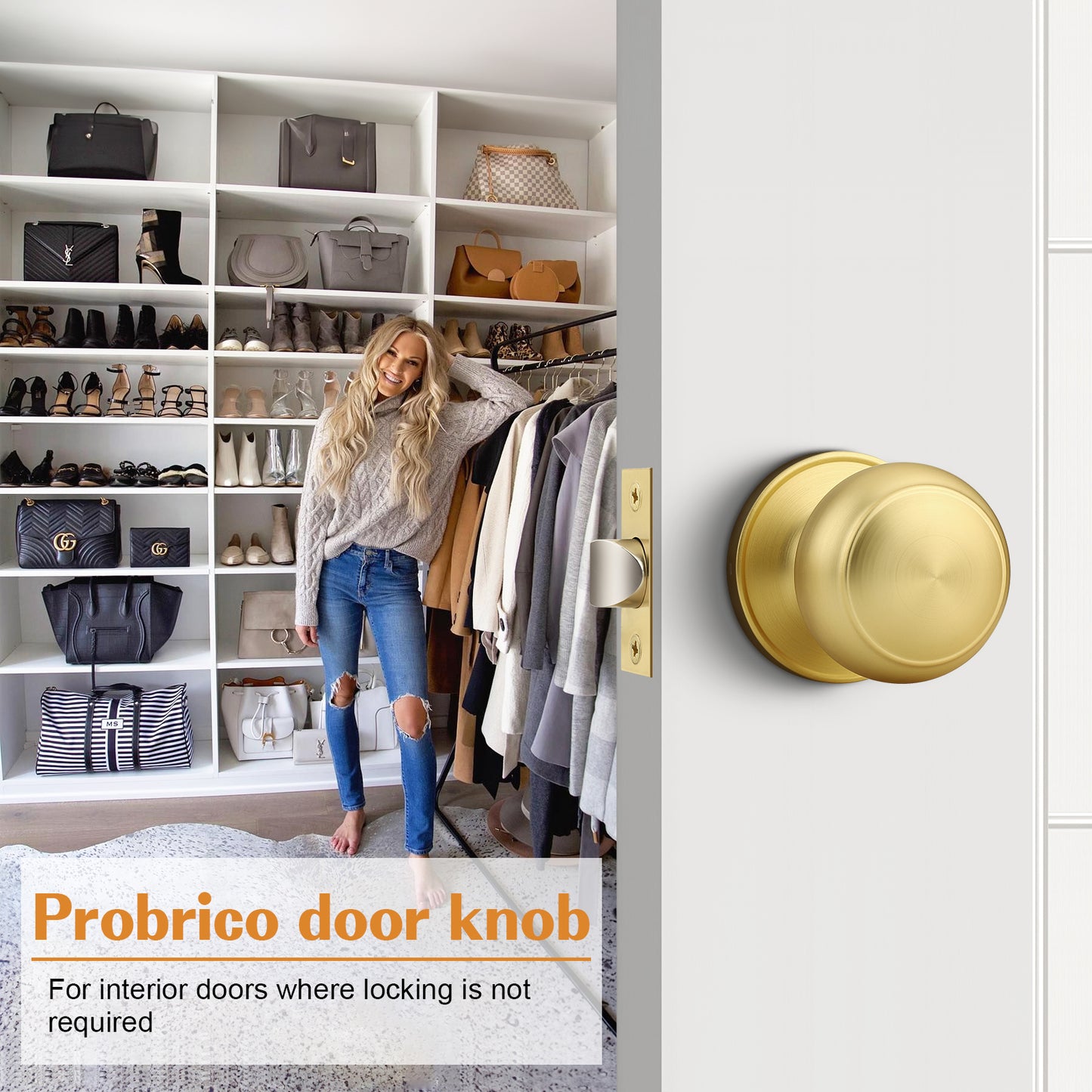Probrico Brushed Brass Passage Door Knobs Round Handles for Hall or Closet, Keyless Interior Gold Door Knobs, 5 Pack