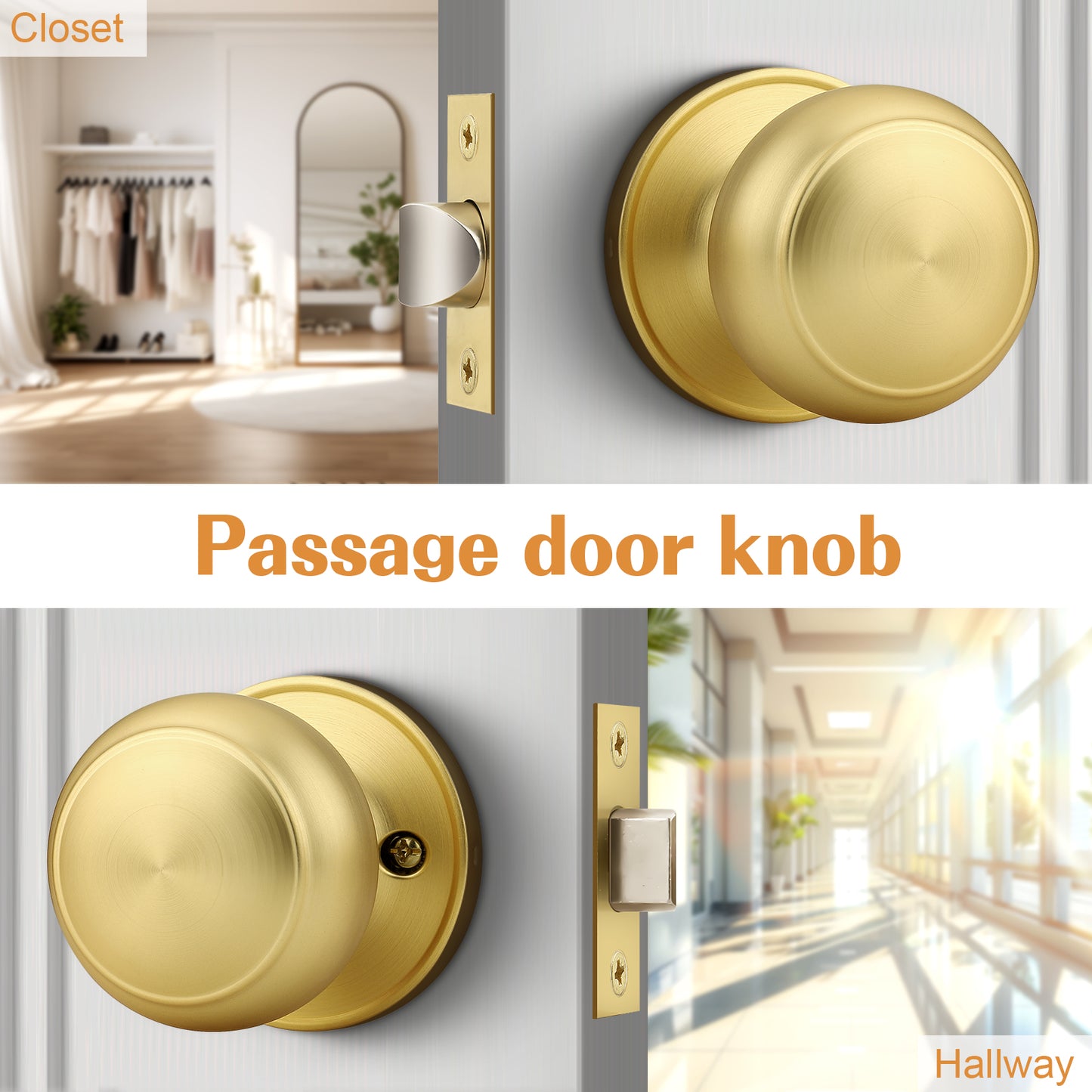 Probrico Brushed Brass Passage Door Knobs Round Handles for Hall or Closet, Keyless Interior Gold Door Knobs, 5 Pack