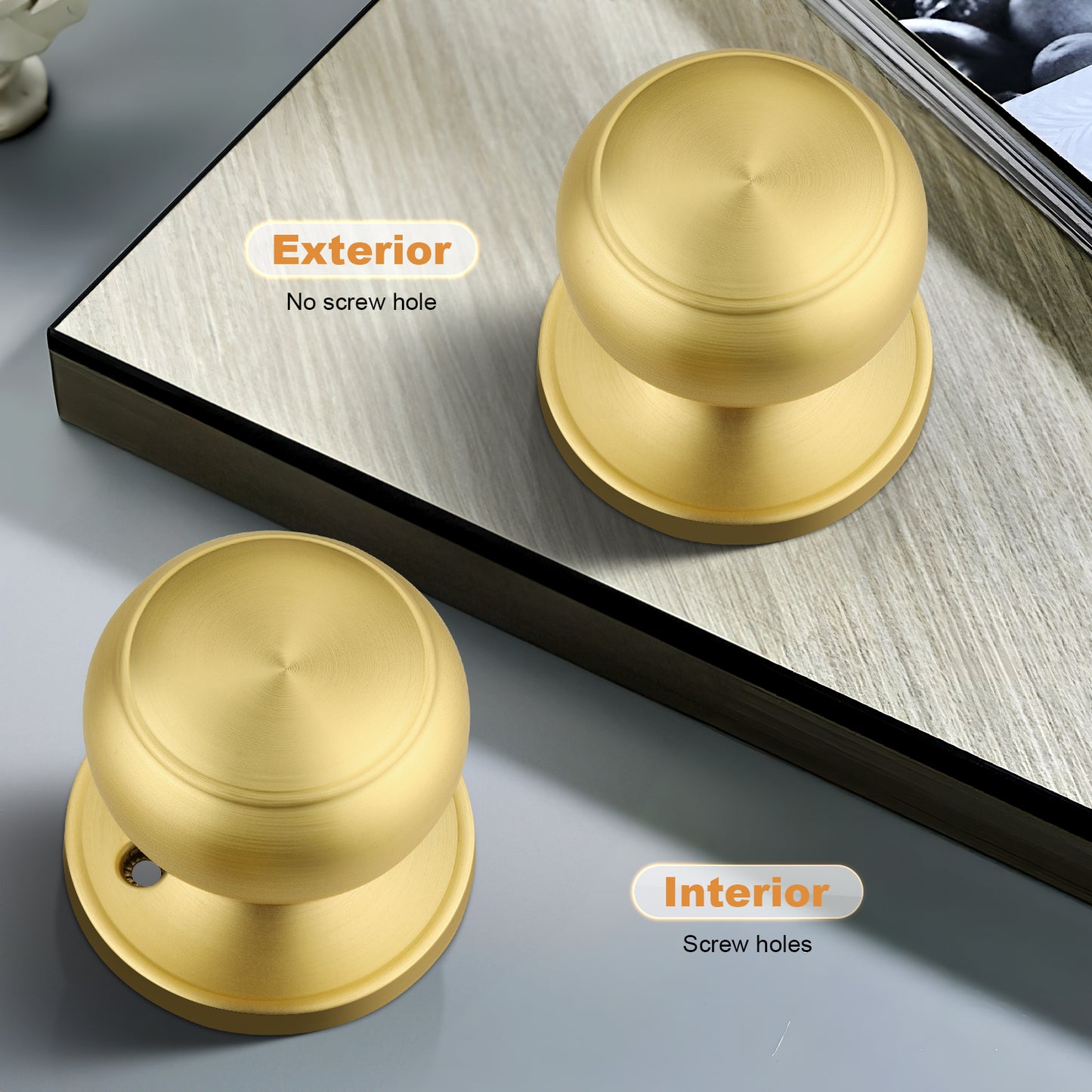 Probrico Brushed Brass Passage Door Knobs Round Handles for Hall or Closet, Keyless Interior Gold Door Knobs, 5 Pack