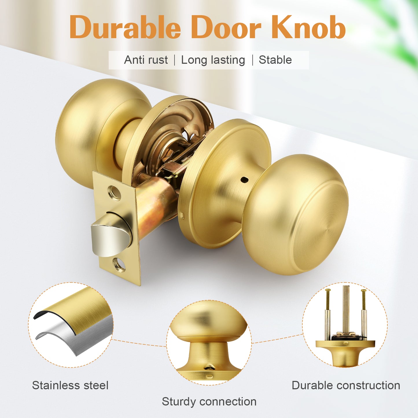 Probrico Brushed Brass Passage Door Knobs Round Handles for Hall or Closet, Keyless Interior Gold Door Knobs, 5 Pack