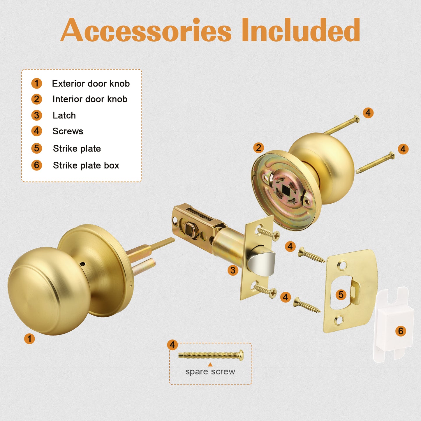Probrico Brushed Brass Passage Door Knobs Round Handles for Hall or Closet, Keyless Interior Gold Door Knobs, 5 Pack