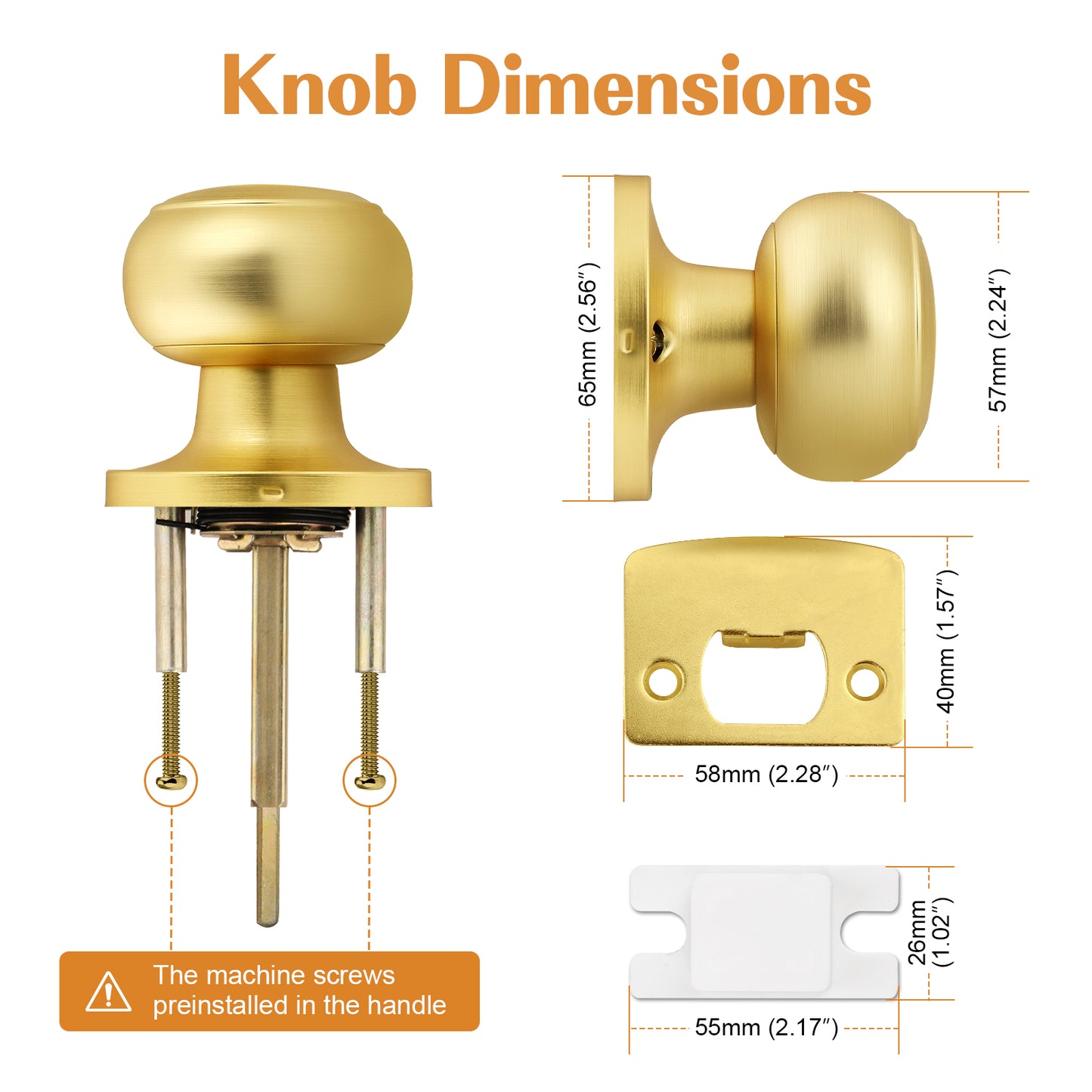 Probrico Brushed Brass Passage Door Knobs Round Handles for Hall or Closet, Keyless Interior Gold Door Knobs, 5 Pack