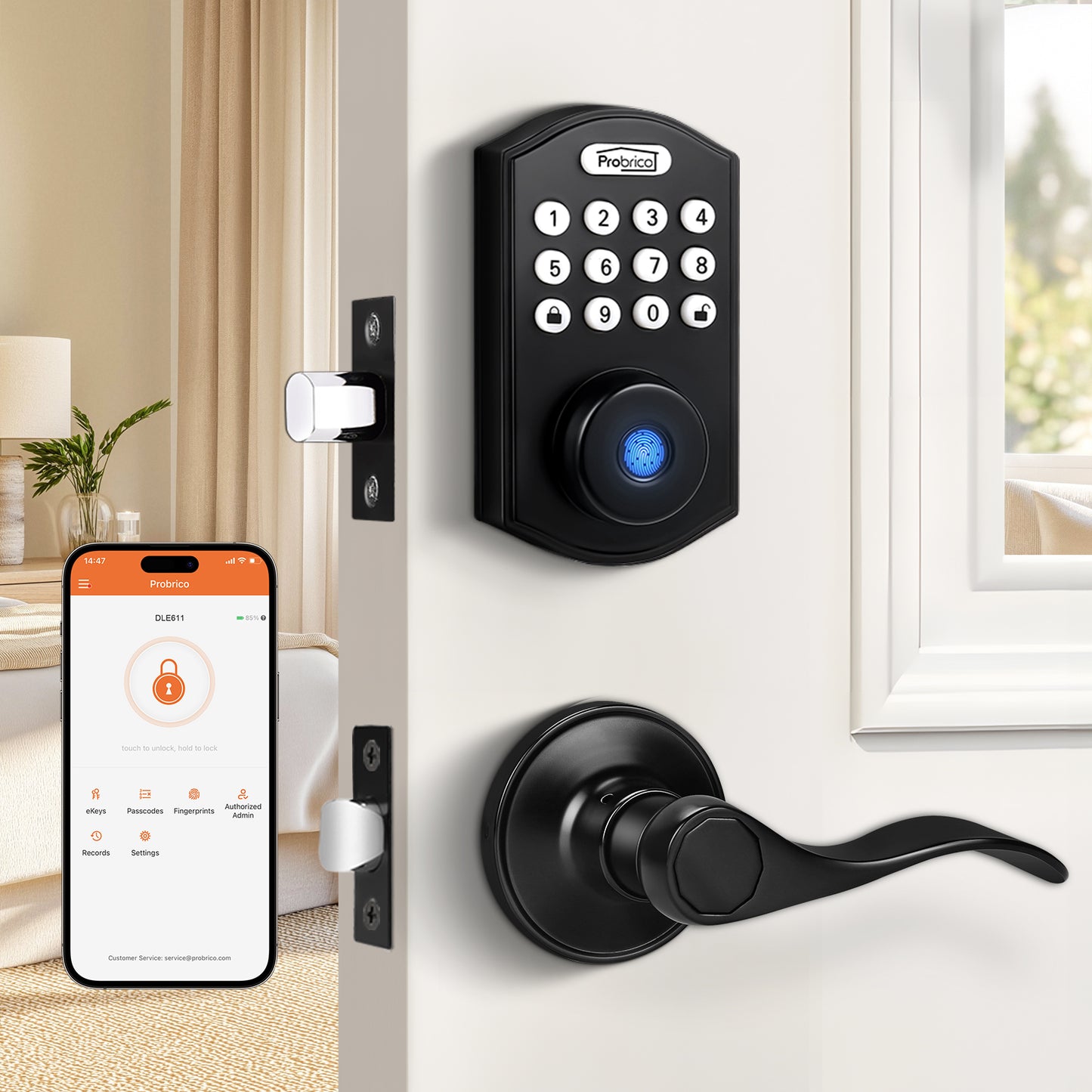 Probrico Keypad Door Lock with Handle Keyless Entry Door Lock, Smart Locks for Front Door Fingerprint Deadbolt with Handle Black