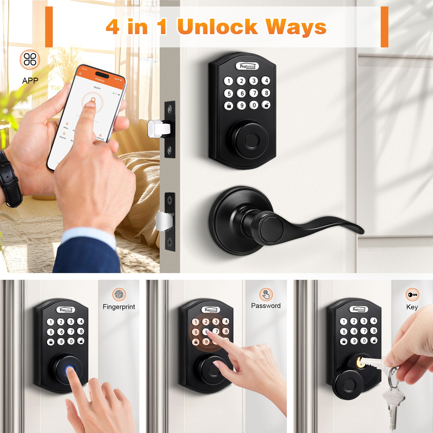 Probrico Keypad Door Lock with Handle Keyless Entry Door Lock, Smart Locks for Front Door Fingerprint Deadbolt with Handle Black
