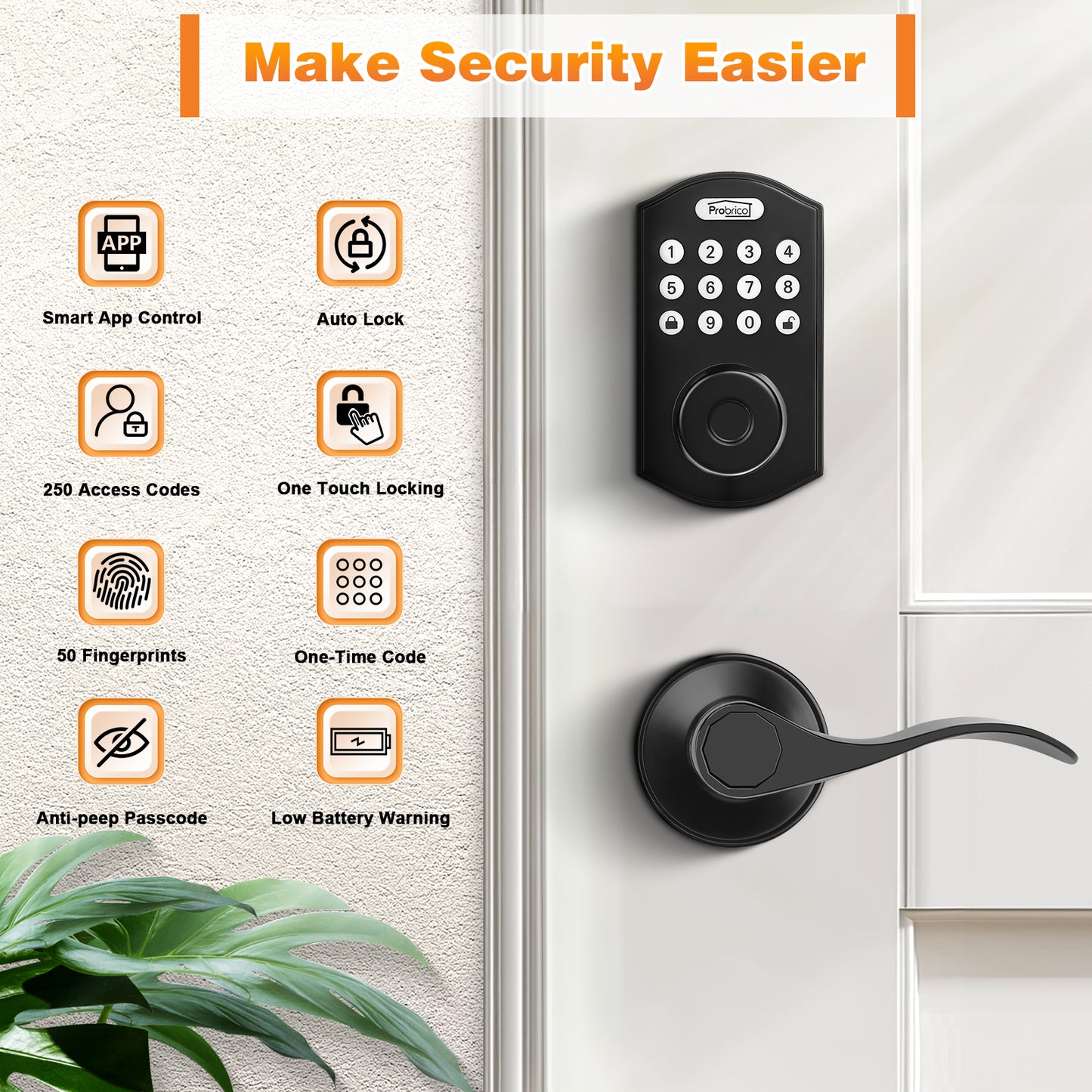 Probrico Keypad Door Lock with Handle Keyless Entry Door Lock, Smart Locks for Front Door Fingerprint Deadbolt with Handle Black
