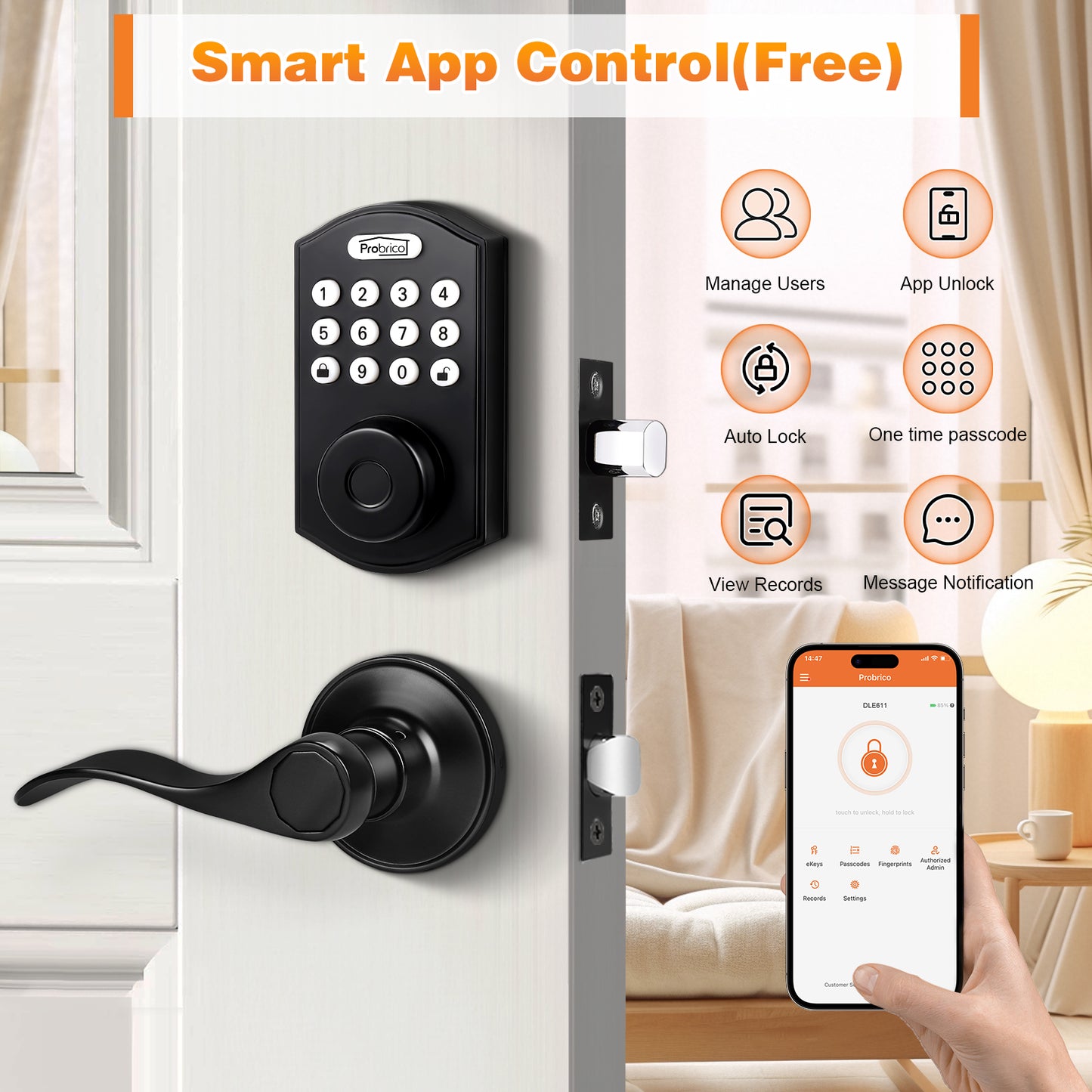 Probrico Keypad Door Lock with Handle Keyless Entry Door Lock, Smart Locks for Front Door Fingerprint Deadbolt with Handle Black