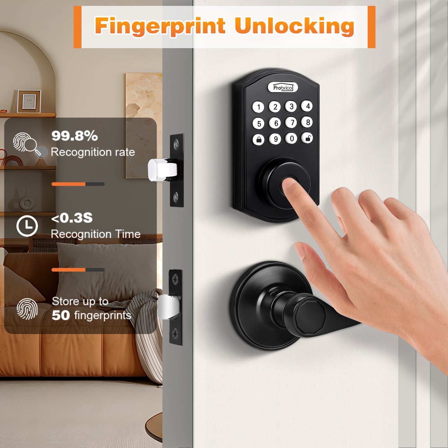 Probrico Keypad Door Lock with Handle Keyless Entry Door Lock, Smart Locks for Front Door Fingerprint Deadbolt with Handle Black