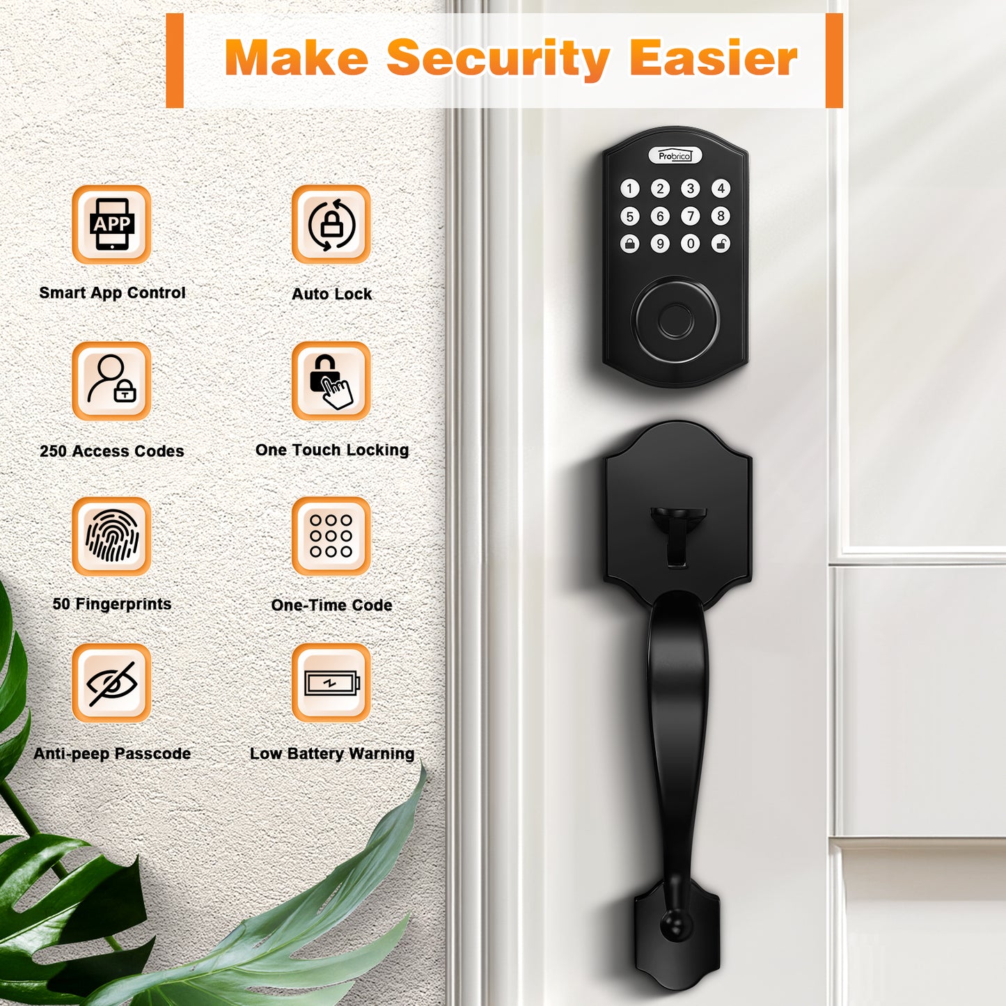Probrico Smart Keyless Entry Door Lock Smart Locks for Front Door, Keypad Door Lock with Handle Fingerprint Deadbolt with Handle