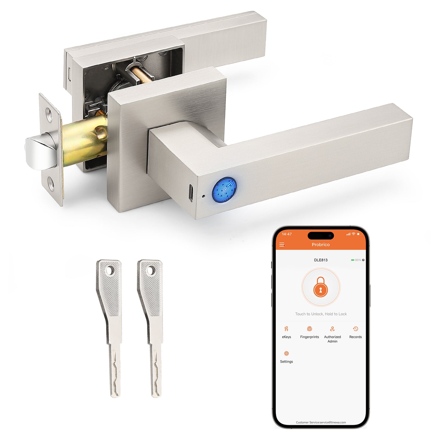 Probrico Satin Nickel Smart Lock Keyless Entry Door Lock with Handle Fingerprint Door Lock for Bedroom Bathroom