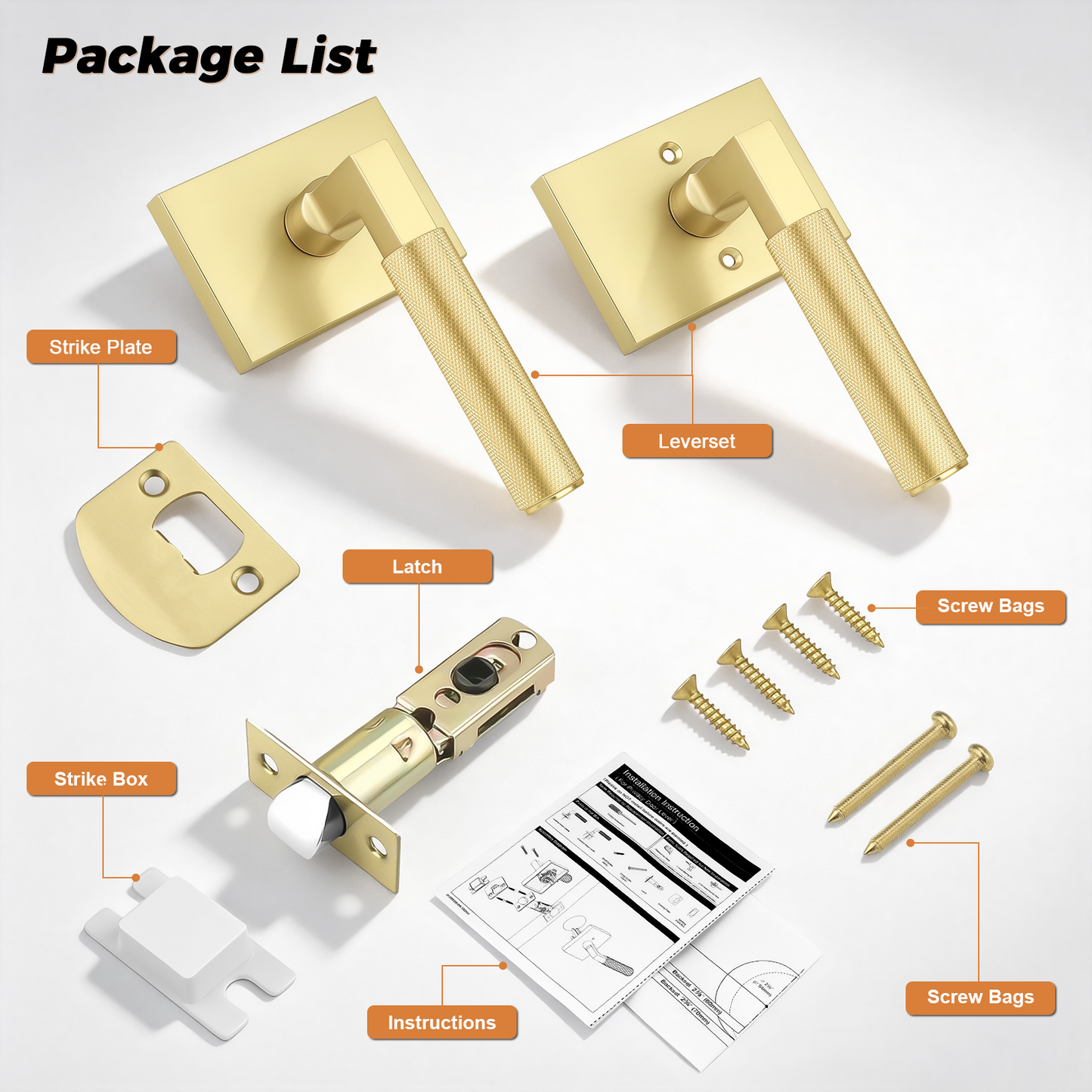 Probrico Gold Door Handle, Knurled Passage Door Handles for Hallway and Closet, Brushed Brass Door Handles Interior, Keyless Modern Door Lever for Left Right Handed, Smooth Turn Action