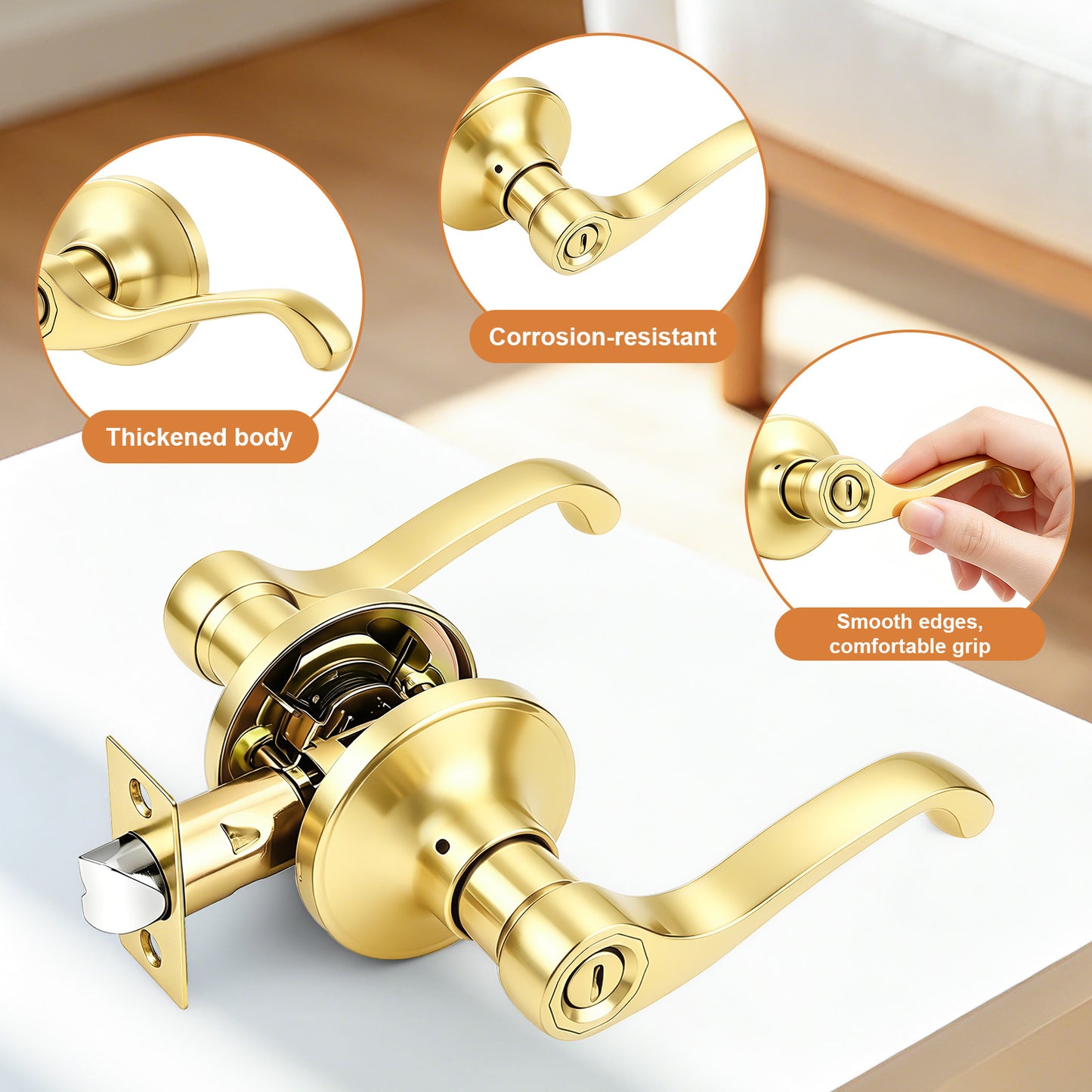 Probrico Scroll Privacy Door Lever, Gold Door Handle Interior, Reversible for Left/Right Handed Door, Polished Brass Door Handle for Bedroom & Bathroom, Keyless with Lock, 2026 NEW