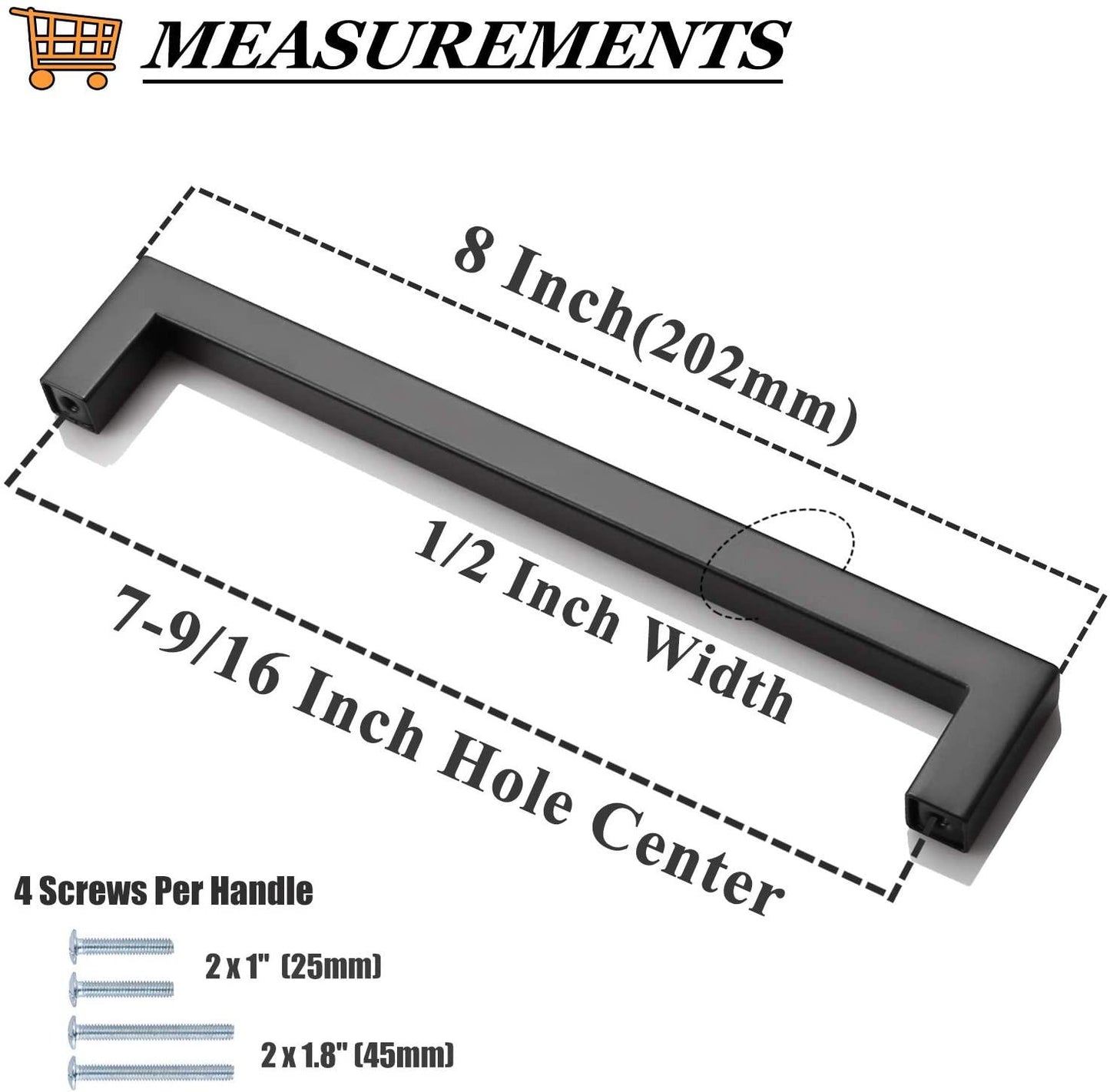 1/2" Square Bar Cabinet Handle Pulls Black Kitchen Hardware Drawer Pull and Knobs 2-12" PDDJS12HBK - Probrico