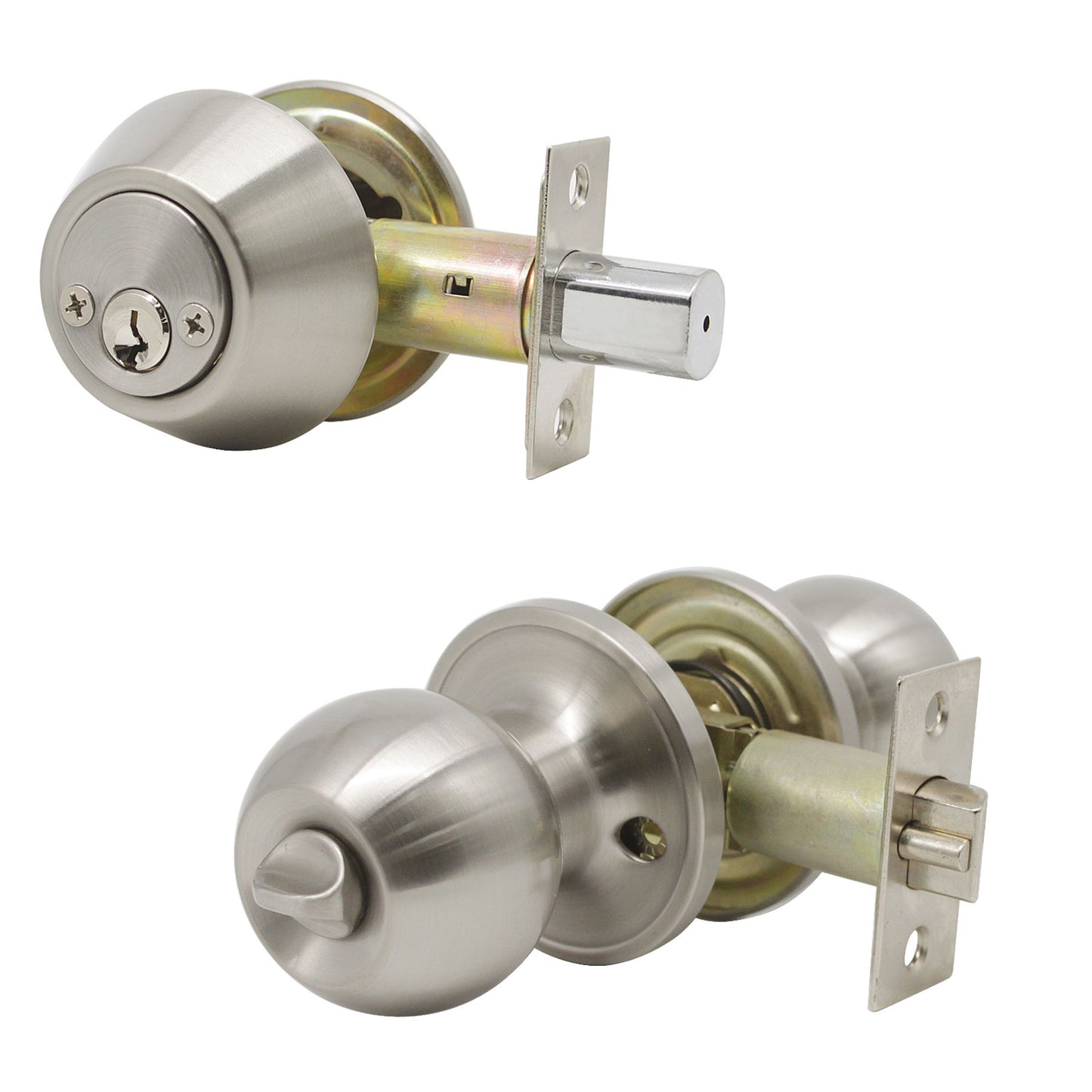 Round Ball Door Knob Lock with Double Cylinder Deadbolt Entry Keyed Lockset Satin Nickel Finish- Keyed Alike DL607ET-102SN - Probrico