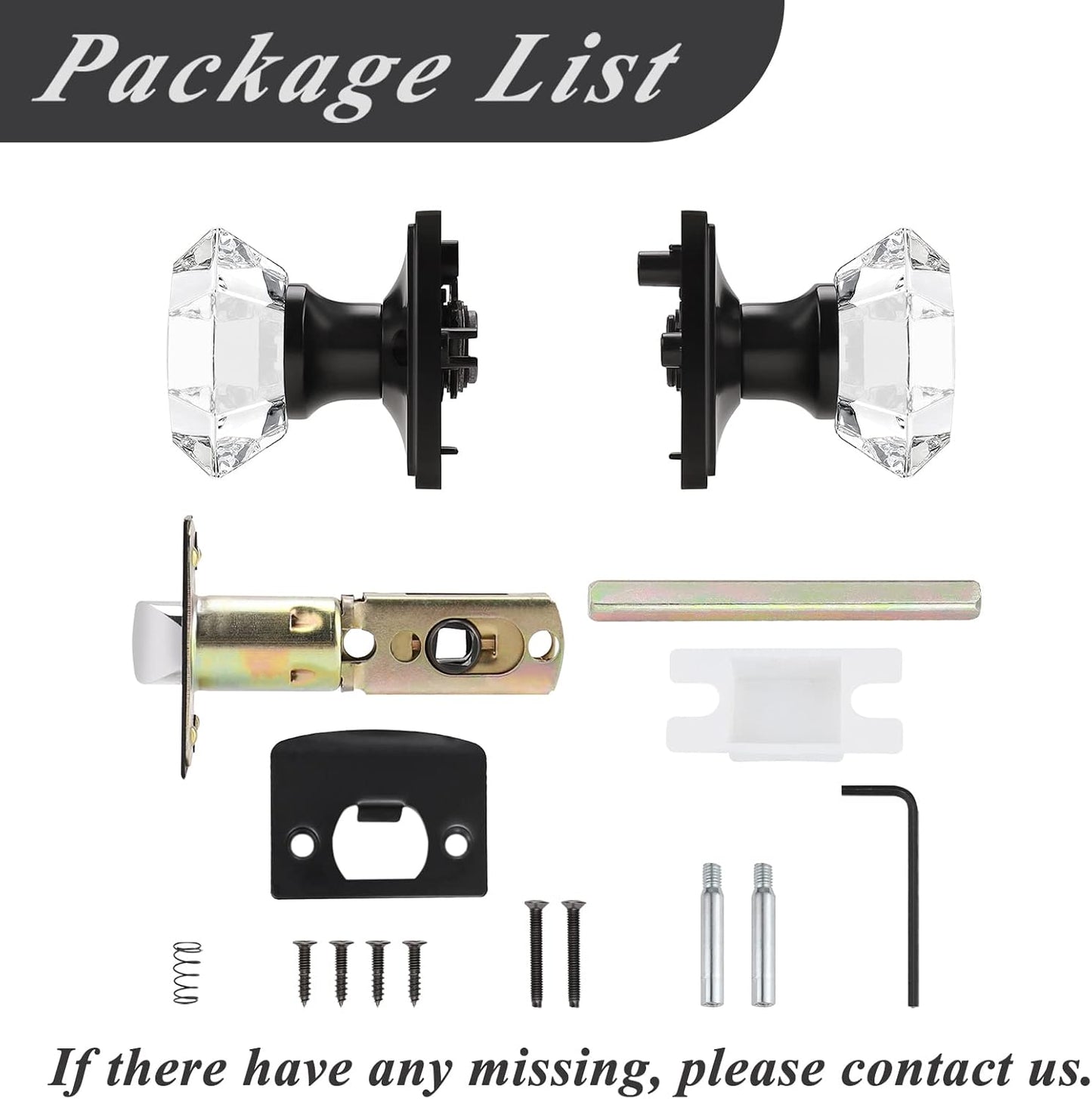 Octagon Crystal Door Knobs with Black Square Rosette, Passage Door Lock