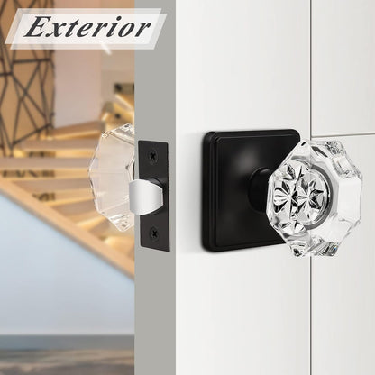 Octagon Crystal Door Knobs with Black Square Rosette, Passage Door Lock