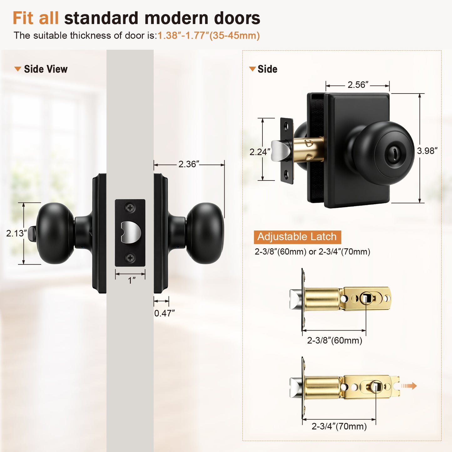 Probrico 3 Packs Hall/Closet Passage Door Knob, Matte Black Interior Door Knobs with no lock,ANSI Grade 3, 250,000-Cycle Tested,Rectangular Rose Covers Old Knob Marks,Stainless Steel