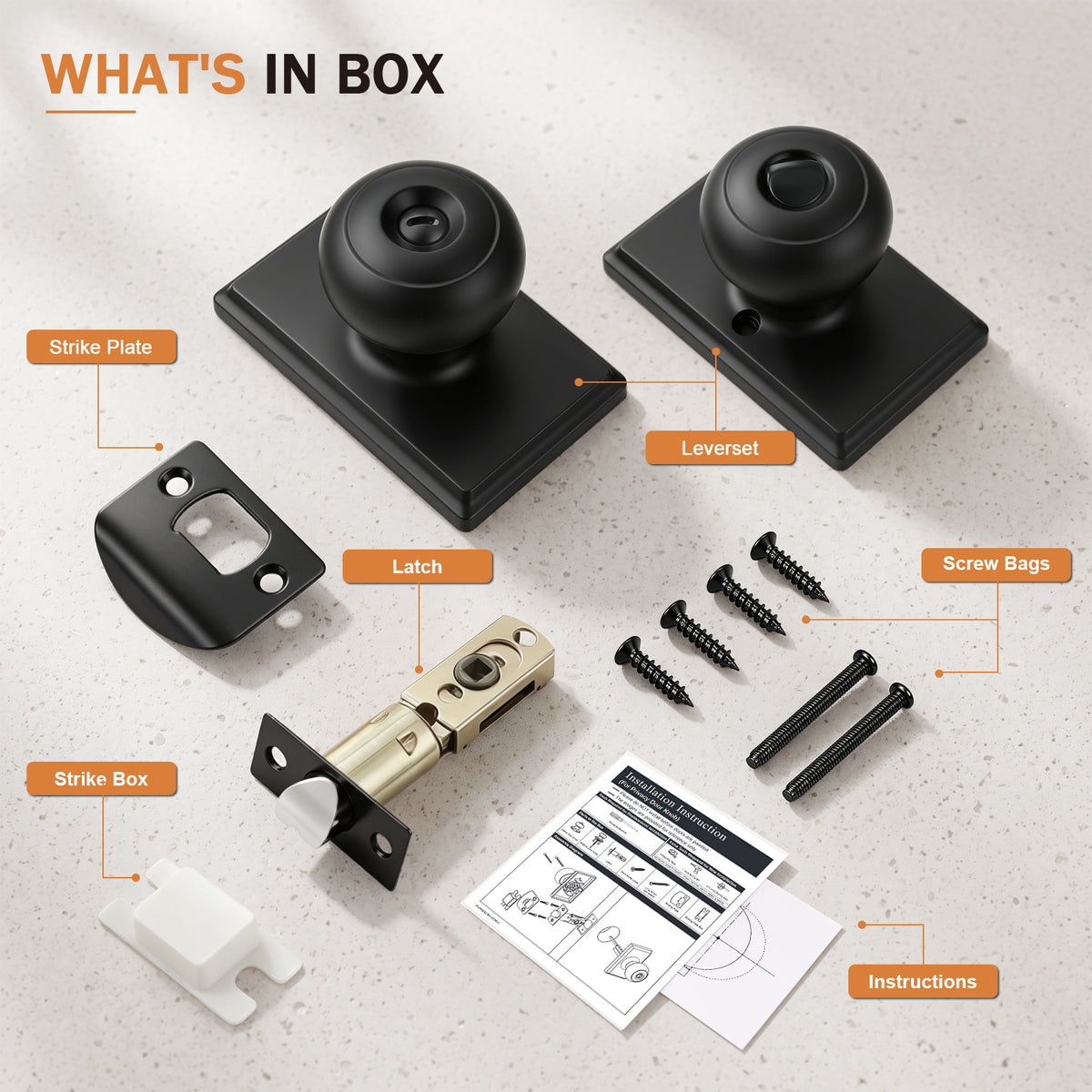 Probrico 3 Packs Hall/Closet Passage Door Knob, Matte Black Interior Door Knobs with no lock,ANSI Grade 3, 250,000-Cycle Tested,Rectangular Rose Covers Old Knob Marks,Stainless Steel
