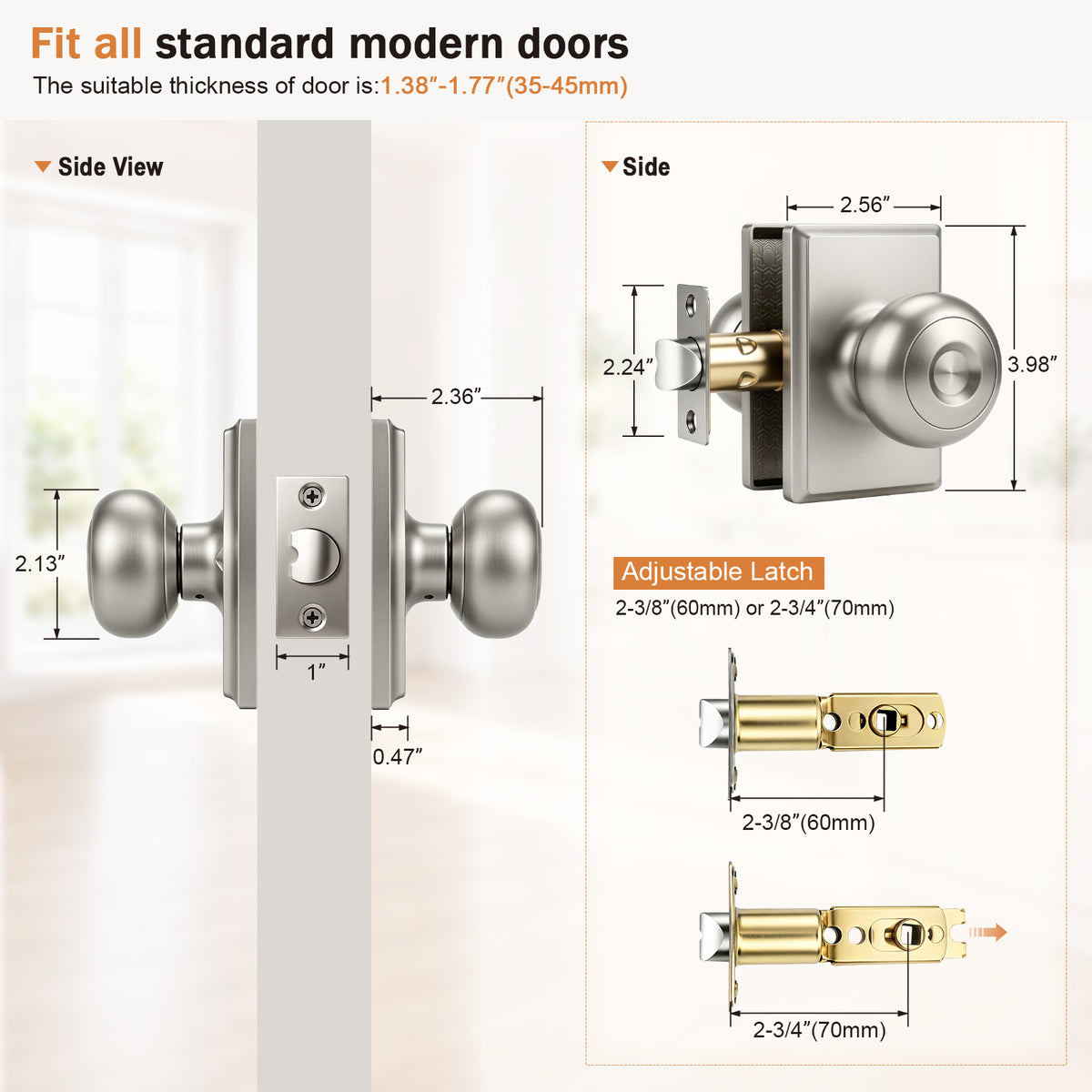 Probrico Brushed Nickel Passage Door Knob, Interior Door Knobs with no Lock Door Knob for Hall/Closet Door,ANSI Grade 3, 250,000-Cycle Tested,Rectangular Rose Covers Old Knob Marks,Stainless Steel