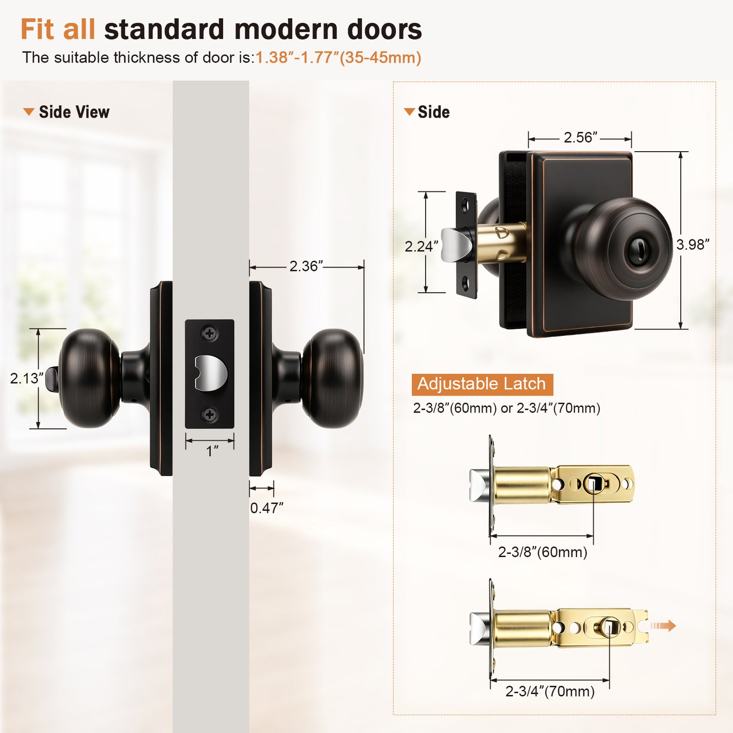 Probrico 3 Packs Hall/Closet Passage Door Knob, Oil Rubbed Bronze Interior Door Knob with no lock,ANSI Grade 3, 250,000-Cycle Tested,Rectangular Rose Covers Old Knob Marks,Stainless Steel