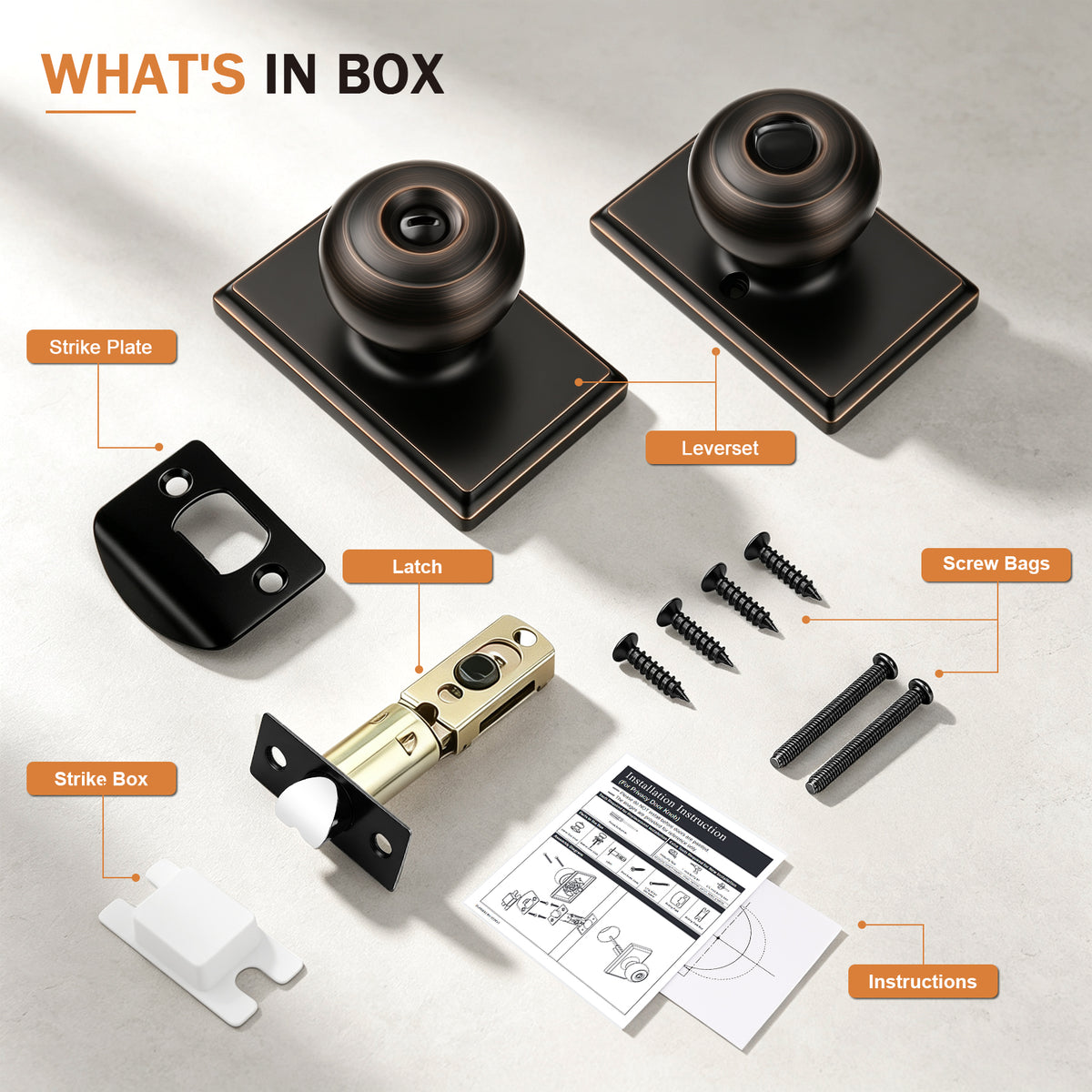Probrico 3 Packs Hall/Closet Passage Door Knob, Oil Rubbed Bronze Interior Door Knob with no lock,ANSI Grade 3, 250,000-Cycle Tested,Rectangular Rose Covers Old Knob Marks,Stainless Steel