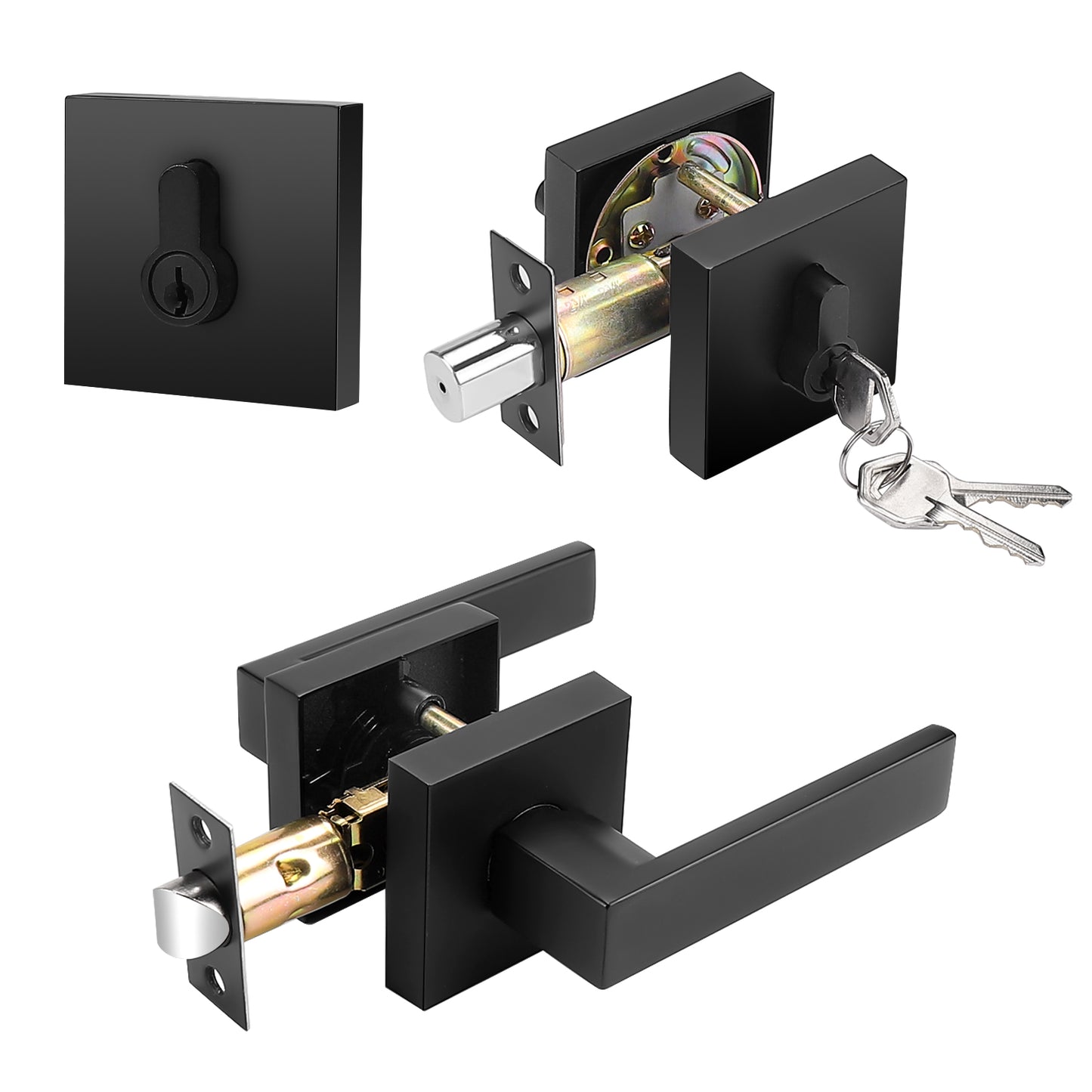 Probrico Flat Black Passage Door Lever with Double Cylinder Deadbolts Combo Pack, Modern Square Lock Set Handleset DL01PS124BK