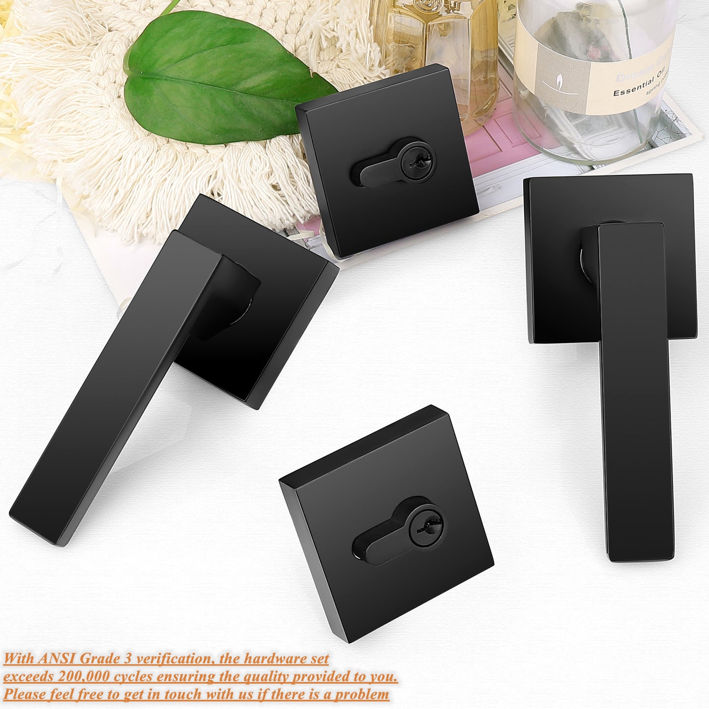 Probrico Flat Black Passage Door Lever with Double Cylinder Deadbolts Combo Pack, Modern Square Lock Set Handleset DL01PS124BK