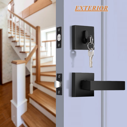 Probrico Flat Black Passage Door Lever with Double Cylinder Deadbolts Combo Pack, Modern Square Lock Set Handleset DL01PS124BK