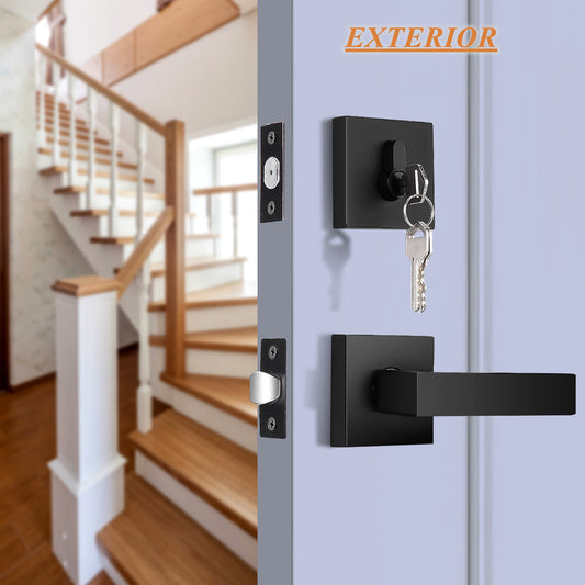 Probrico Flat Black Passage Door Lever with Double Cylinder Deadbolts Combo Pack, Modern Square Lock Set Handleset DL01PS124BK