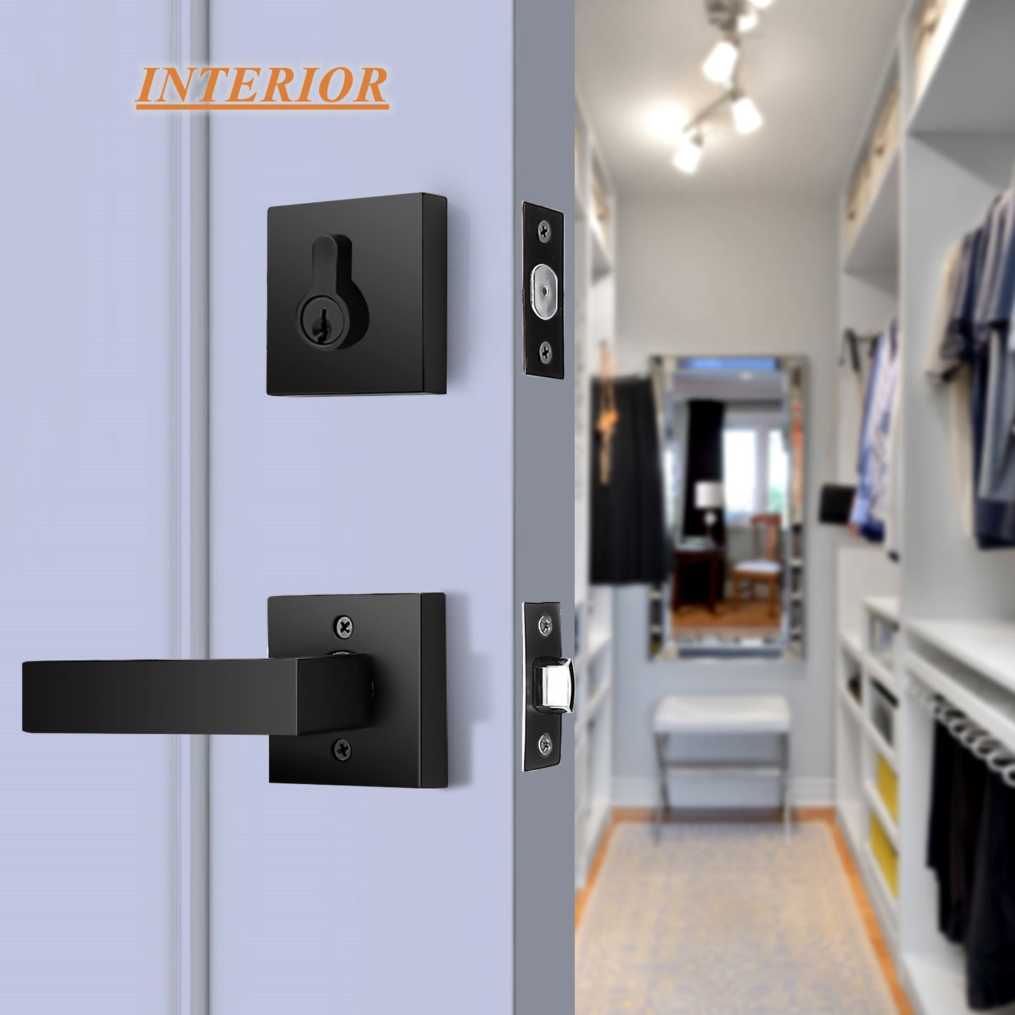 Probrico Flat Black Passage Door Lever with Double Cylinder Deadbolts Combo Pack, Modern Square Lock Set Handleset DL01PS124BK