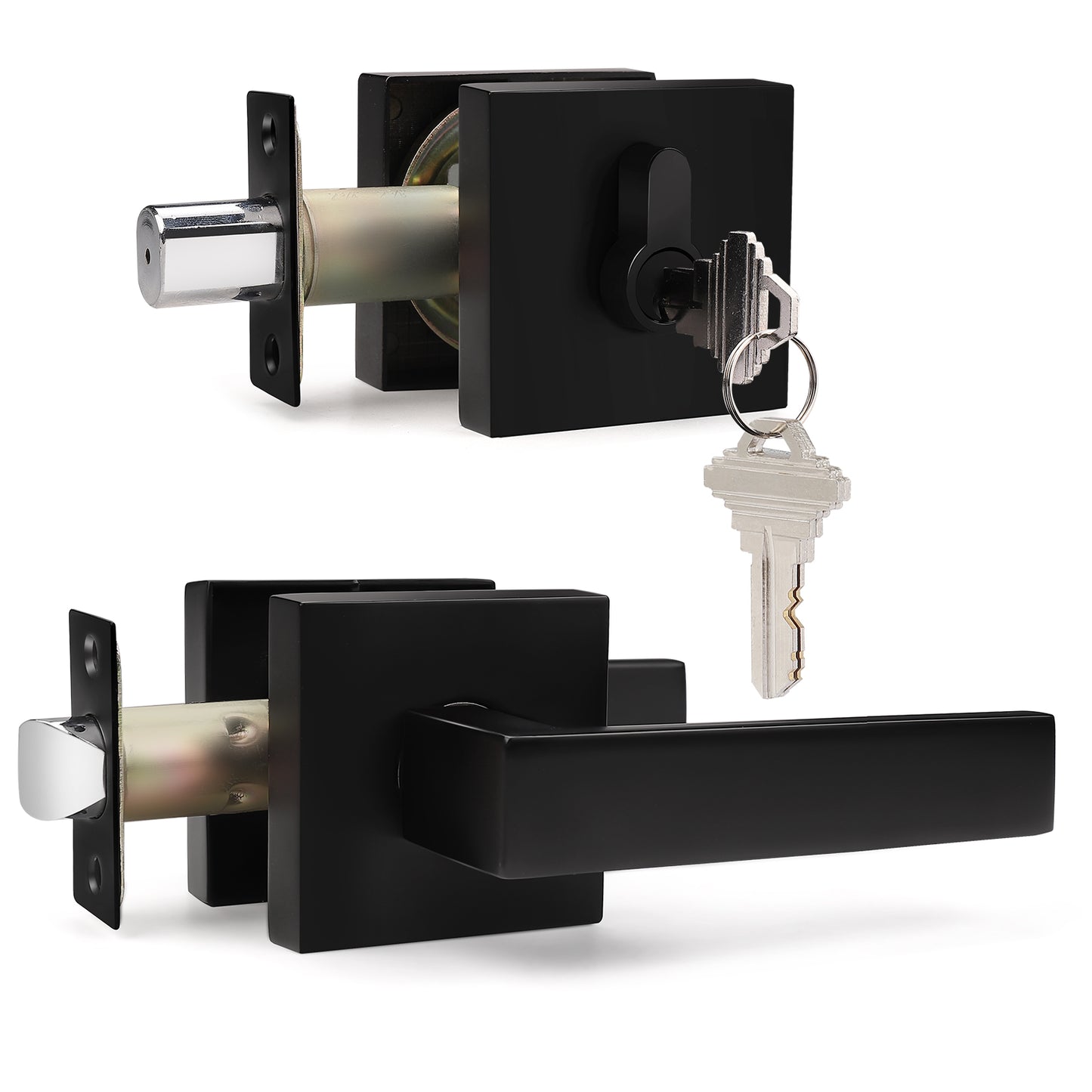 Probrico Flat Black Passage Door Lever with Double Cylinder Deadbolts Combo Pack, Modern Square Lock Set Handleset DL01PS124BK