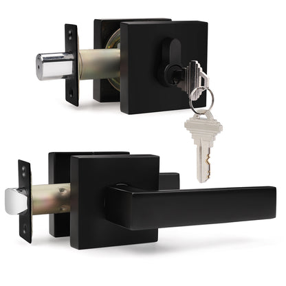 Probrico Flat Black Passage Door Lever with Double Cylinder Deadbolts Combo Pack, Modern Square Lock Set Handleset DL01PS124BK