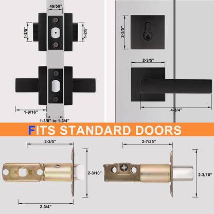 Probrico Flat Black Passage Door Lever with Double Cylinder Deadbolts Combo Pack, Modern Square Lock Set Handleset DL01PS124BK