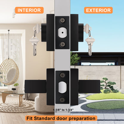 Probrico Flat Black Passage Door Lever with Double Cylinder Deadbolts Combo Pack, Modern Square Lock Set Handleset DL01PS124BK
