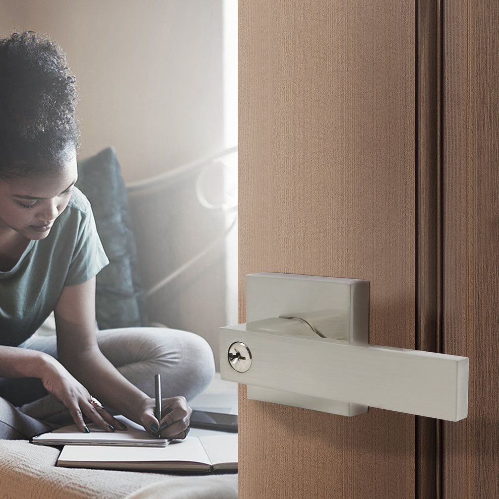 Interior Keyed Entry Door Lock Lever set, Brushed Nickel Door Handle D ...