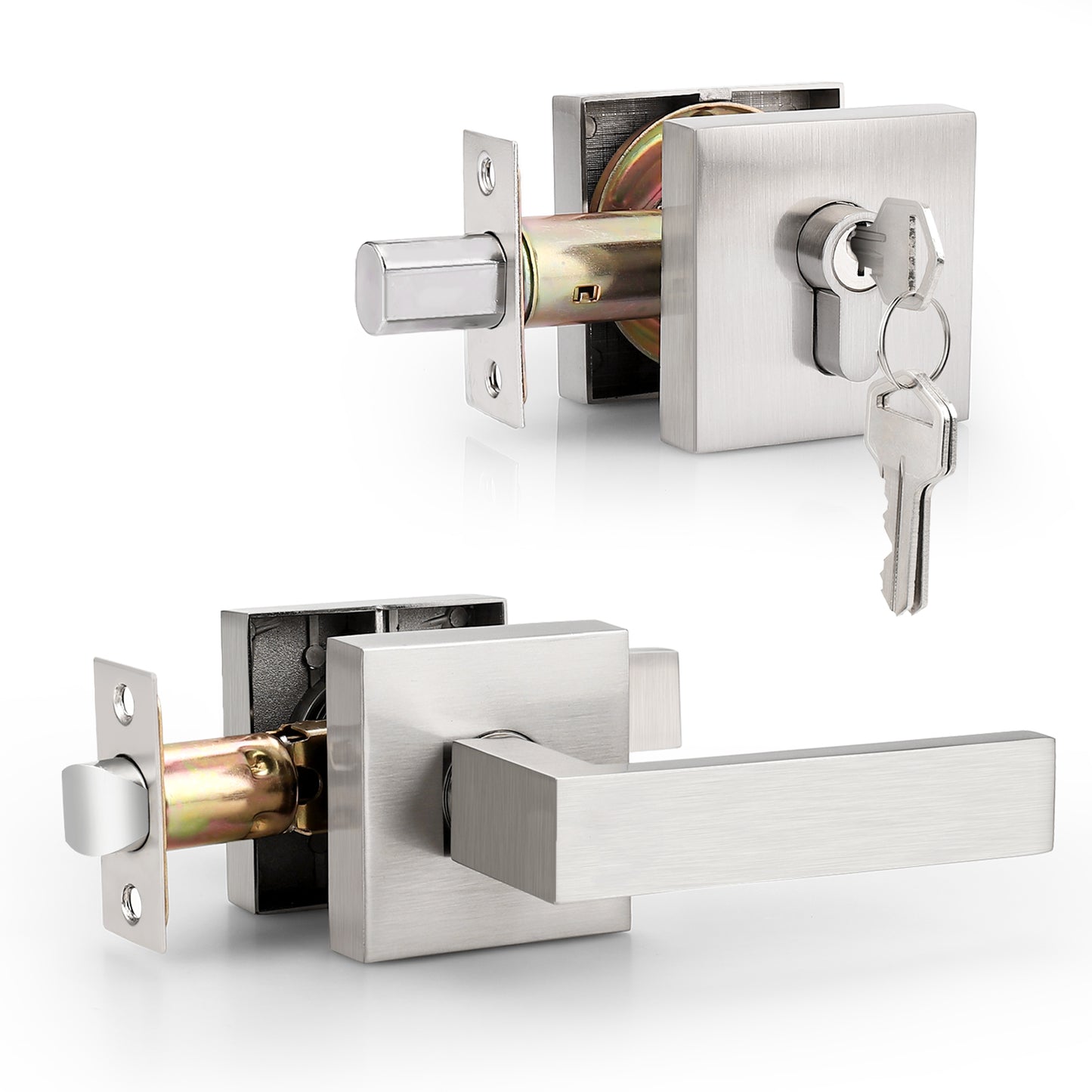 Front Door Levers and Single Cylinder Deadbolts Lock Set (Keyed Alike), Satin Nickel Finish