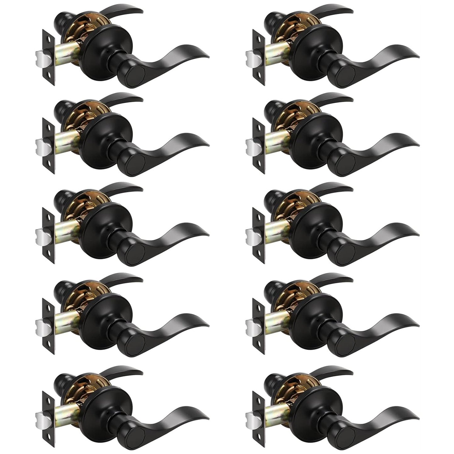 Probrico 10 Packs Wave Shape Passage Door Lever Black Keyless Handle for Hall and Closet Interior Non-Locking Door Hardware