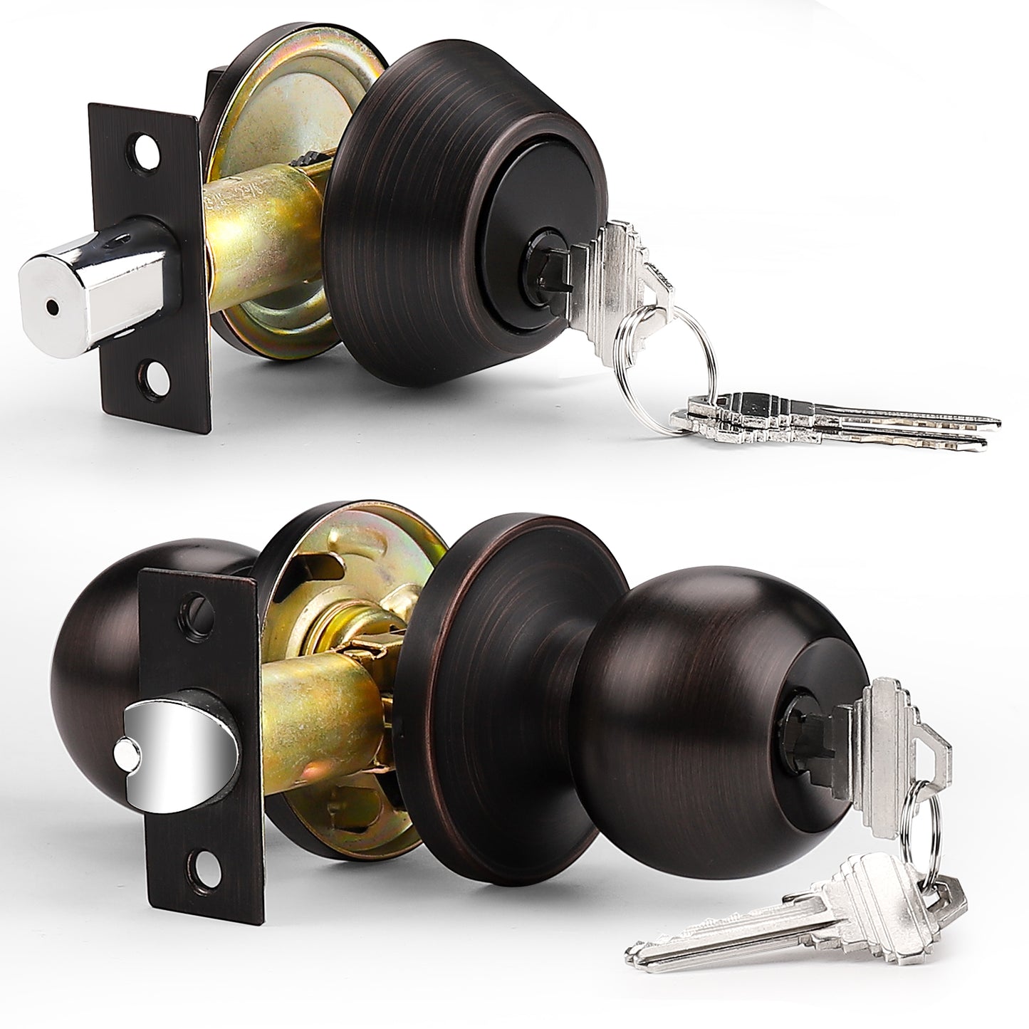 Entry Door Knob with Double Cylinder Deadbolt Set Oil Rubbed Bronze Entry Door Lock Set with Key, Keyway Front Entry Handleset Lockset Gate Hardware DL607ET-102ORB