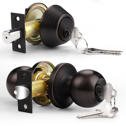 Entry Door Knob with Double Cylinder Deadbolt Set Oil Rubbed Bronze Entry Door Lock Set with Key, Keyway Front Entry Handleset Lockset Gate Hardware DL607ET-102ORB