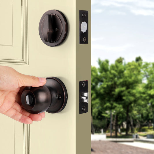Entry Door Knob with Double Cylinder Deadbolt Set Oil Rubbed Bronze Entry Door Lock Set with Key, Keyway Front Entry Handleset Lockset Gate Hardware DL607ET-102ORB