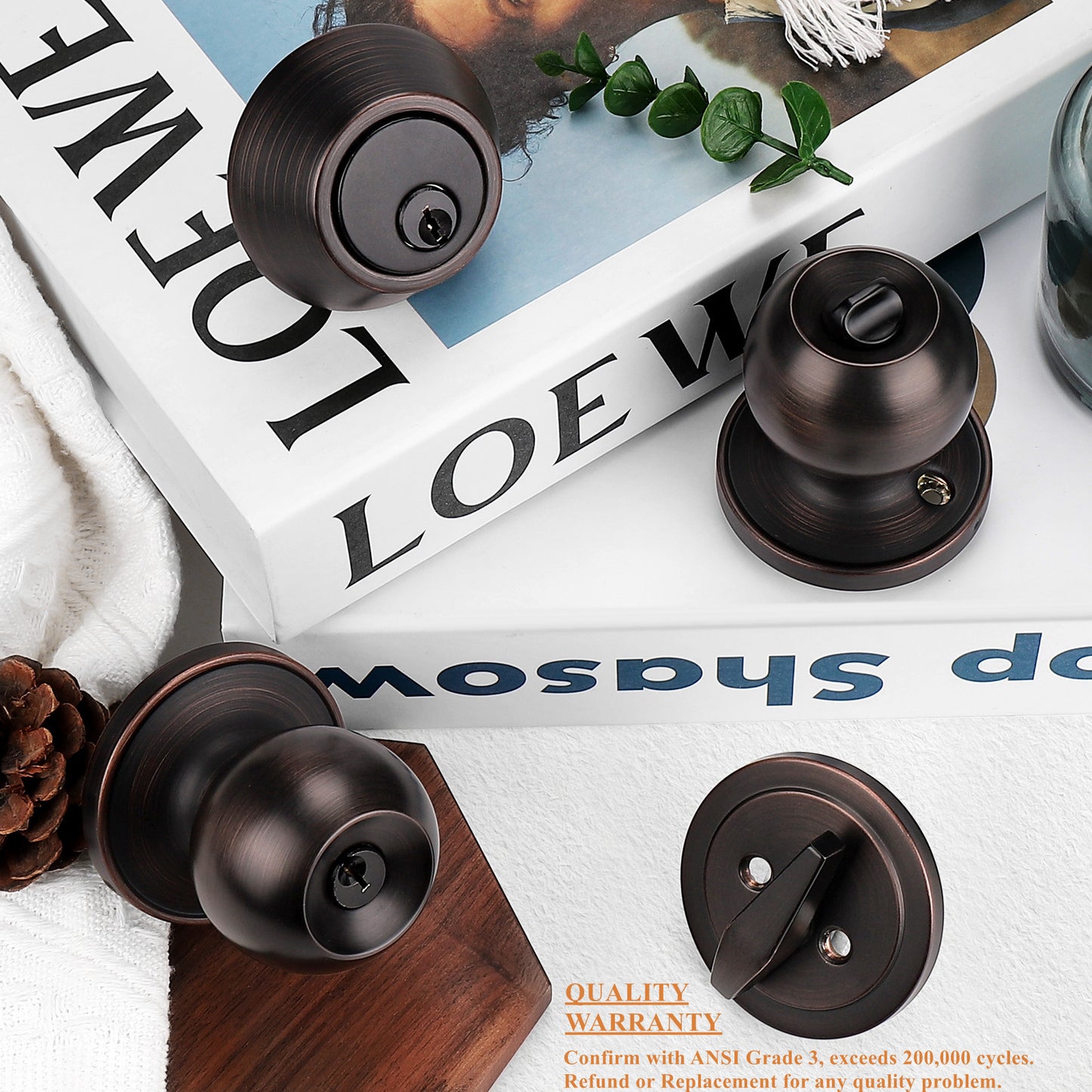 Entry Door Knob with Double Cylinder Deadbolt Set Oil Rubbed Bronze Entry Door Lock Set with Key, Keyway Front Entry Handleset Lockset Gate Hardware DL607ET-102ORB
