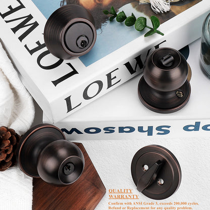 Entry Door Knob with Double Cylinder Deadbolt Set Oil Rubbed Bronze Entry Door Lock Set with Key, Keyway Front Entry Handleset Lockset Gate Hardware DL607ET-102ORB