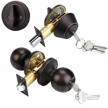 Entry Door Knob with Double Cylinder Deadbolt Set Oil Rubbed Bronze Entry Door Lock Set with Key, Keyway Front Entry Handleset Lockset Gate Hardware DL607ET-102ORB