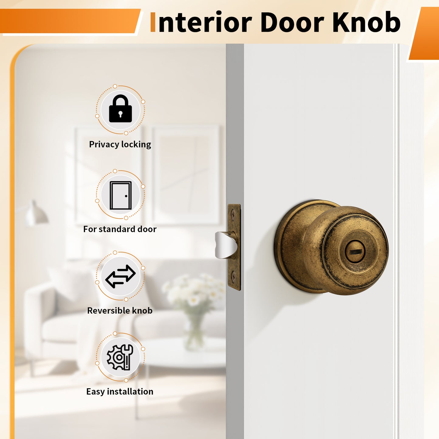 Probrico Aged Brass Door Knobs for Bedroom Bathroom, Interior Door Knob with Round Ball, Antique Brass Privacy Door Knob, 6 Pack