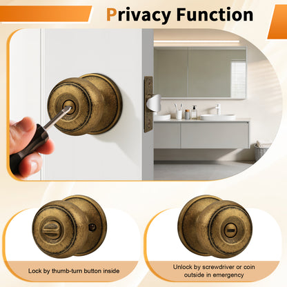 Probrico Aged Brass Door Knobs for Bedroom Bathroom, Interior Door Knob with Round Ball, Antique Brass Privacy Door Knob, 6 Pack